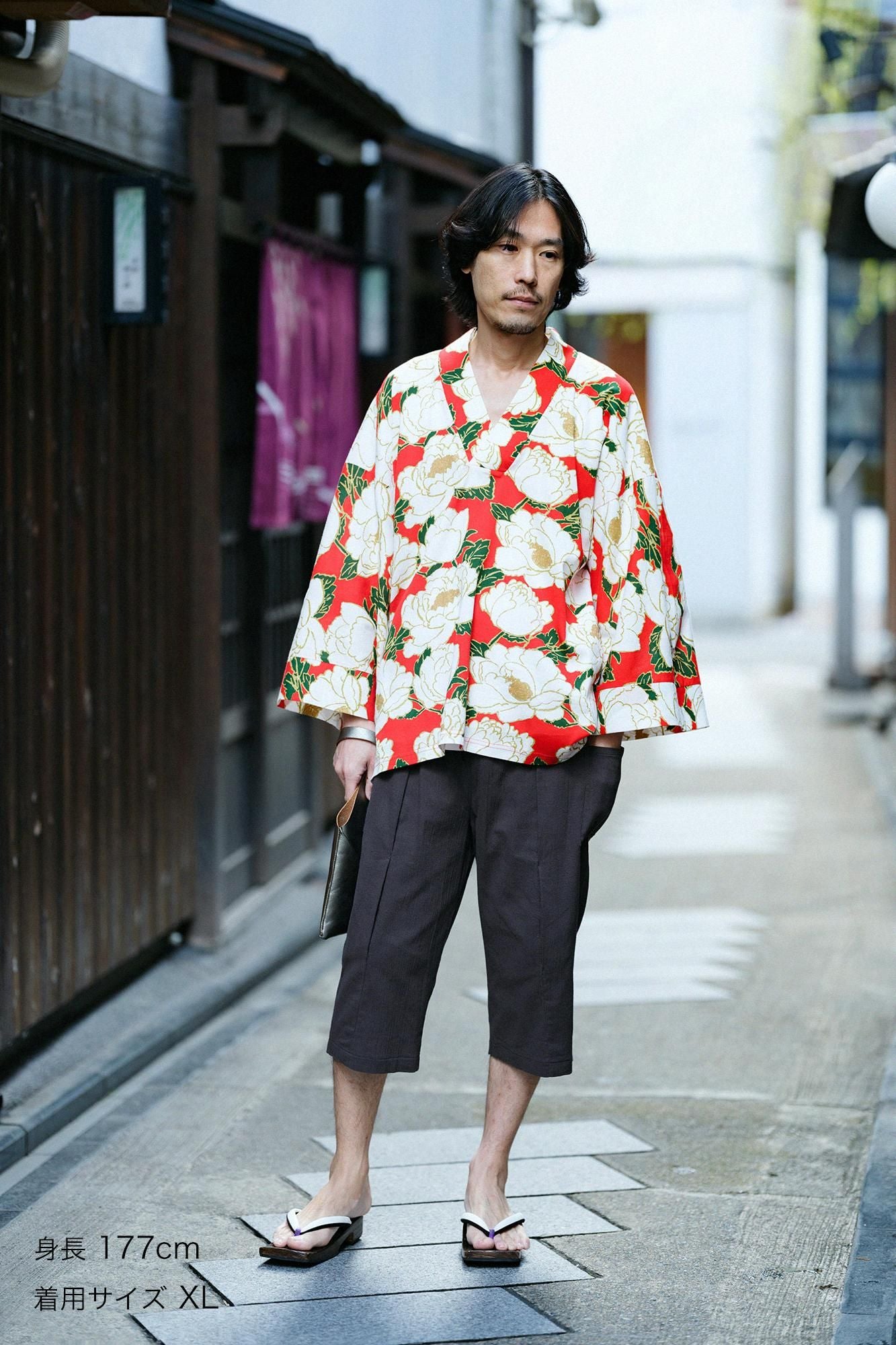 Chizimi Cotton 40/40 Fubi Kimono Shirt / Peony Blossom
