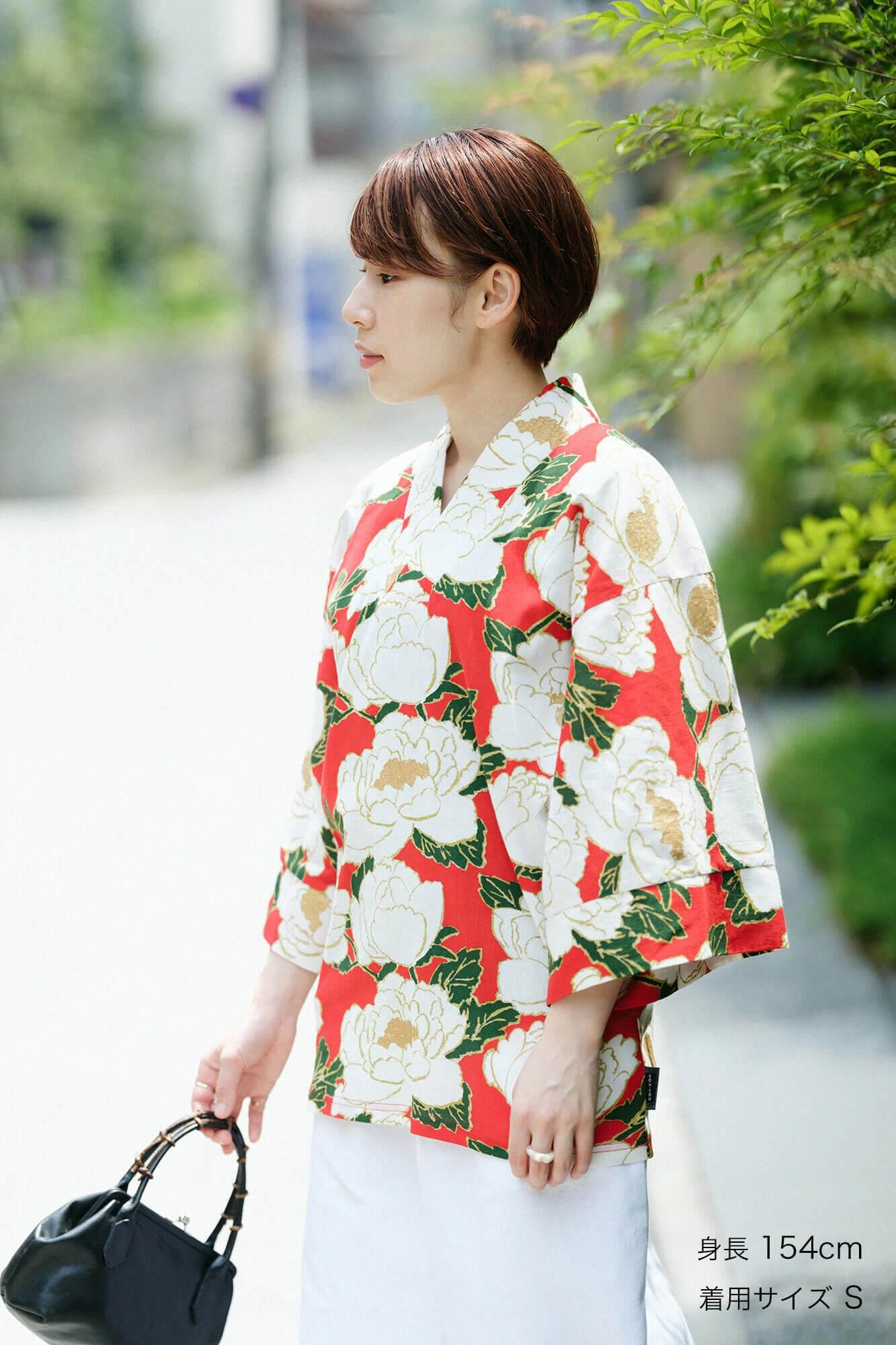 Chizimi Cotton 40/40 Fubi Kimono Shirt / Peony Blossom