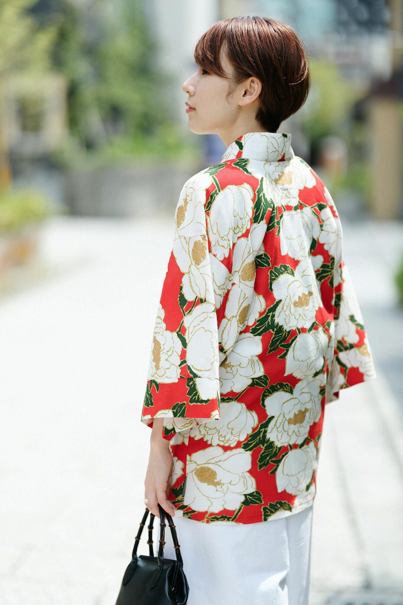 Chizimi Cotton 40/40 Fubi Kimono Shirt / Peony Blossom