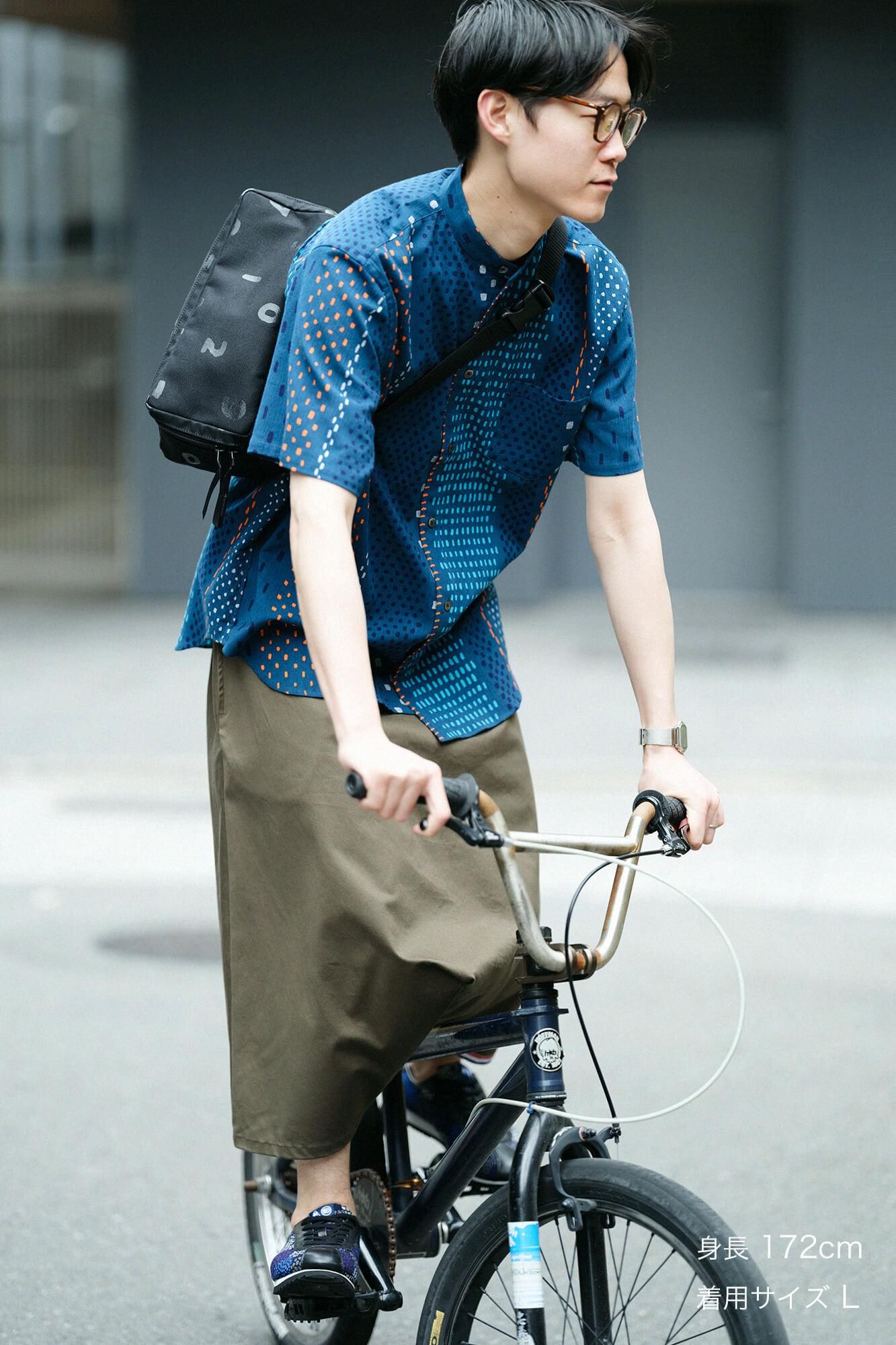 高島縮棉 20/20立領短袖襯衫/冰雹條紋