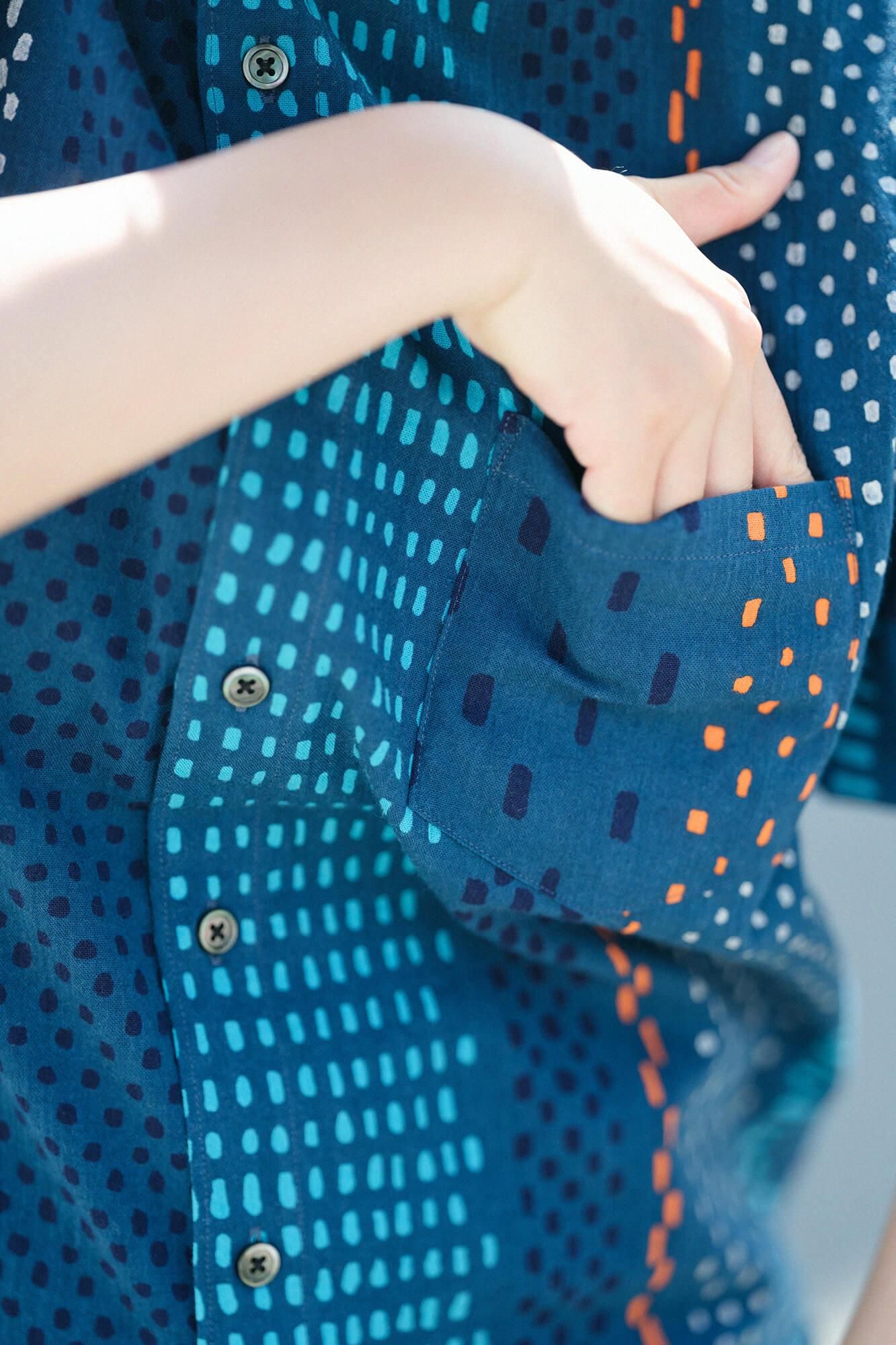 高島縮棉 20/20立領短袖襯衫/冰雹條紋