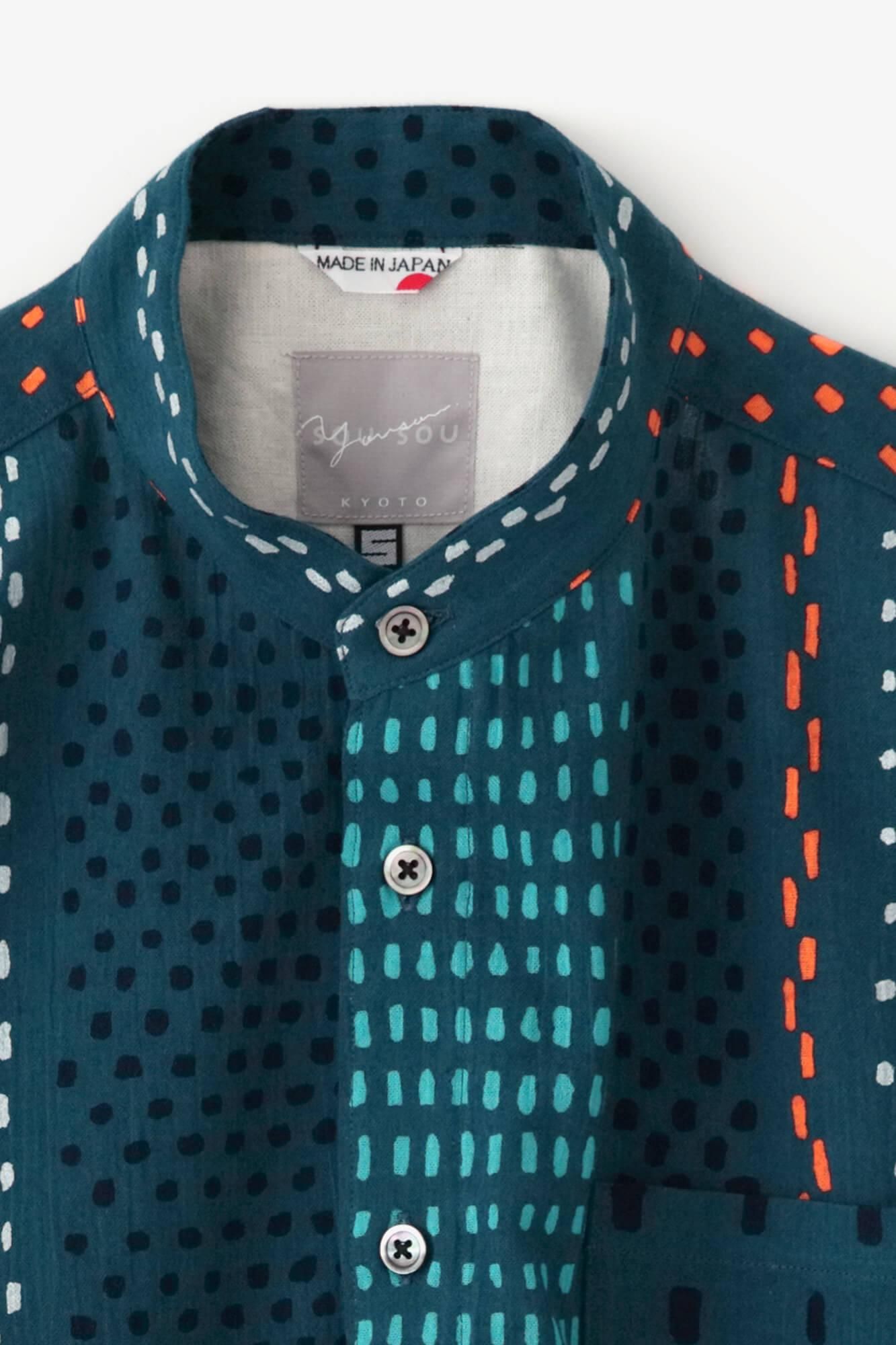 高島縮棉 20/20立領短袖襯衫/冰雹條紋