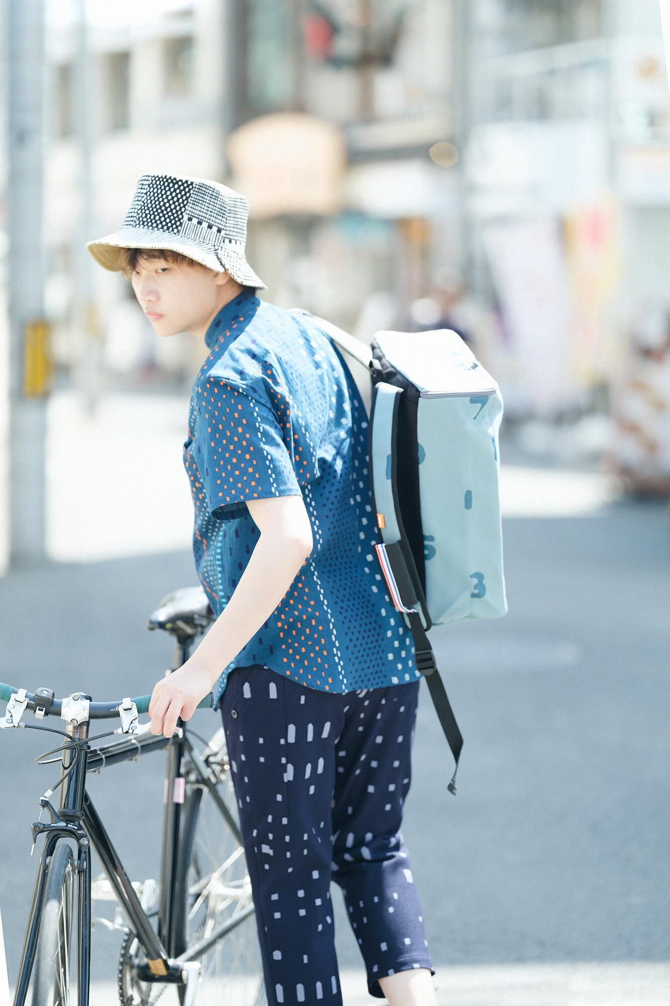 高島縮棉 20/20立領短袖襯衫/冰雹條紋