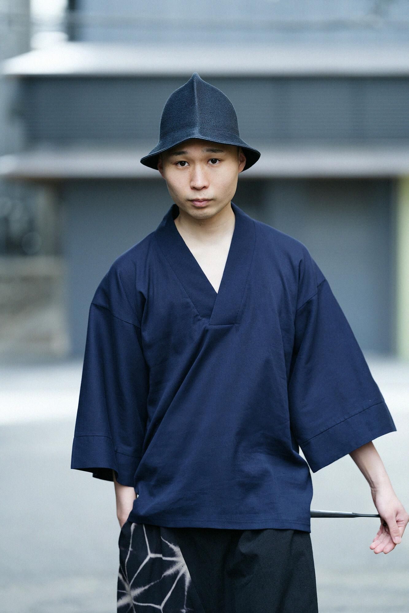 Chizimi Cotton 40/40 Fubi Kimono Shirt / Dark Blue