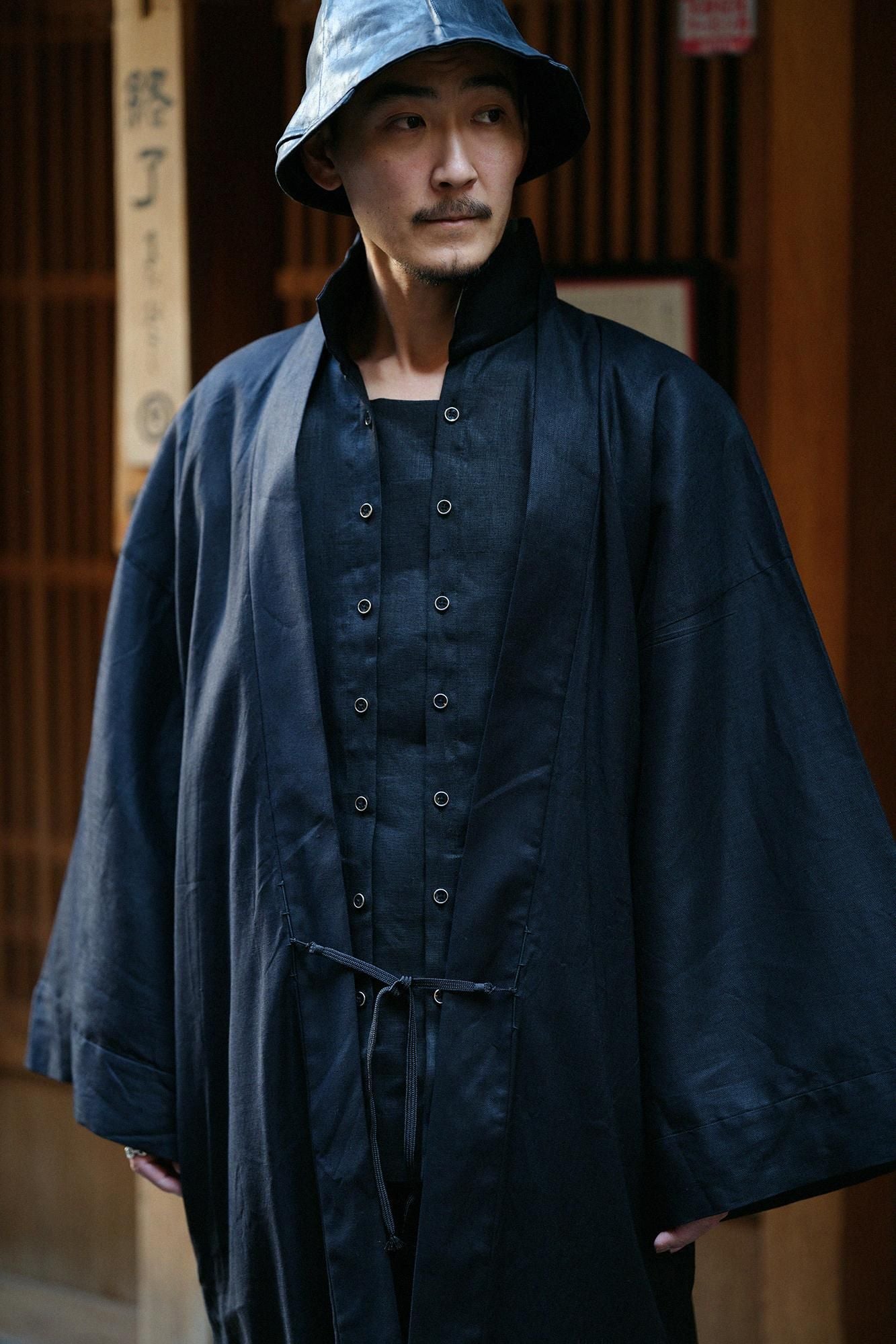 【官網限定】大麻彈性牛仔布袢纏 長袖外套中長單層/黑色