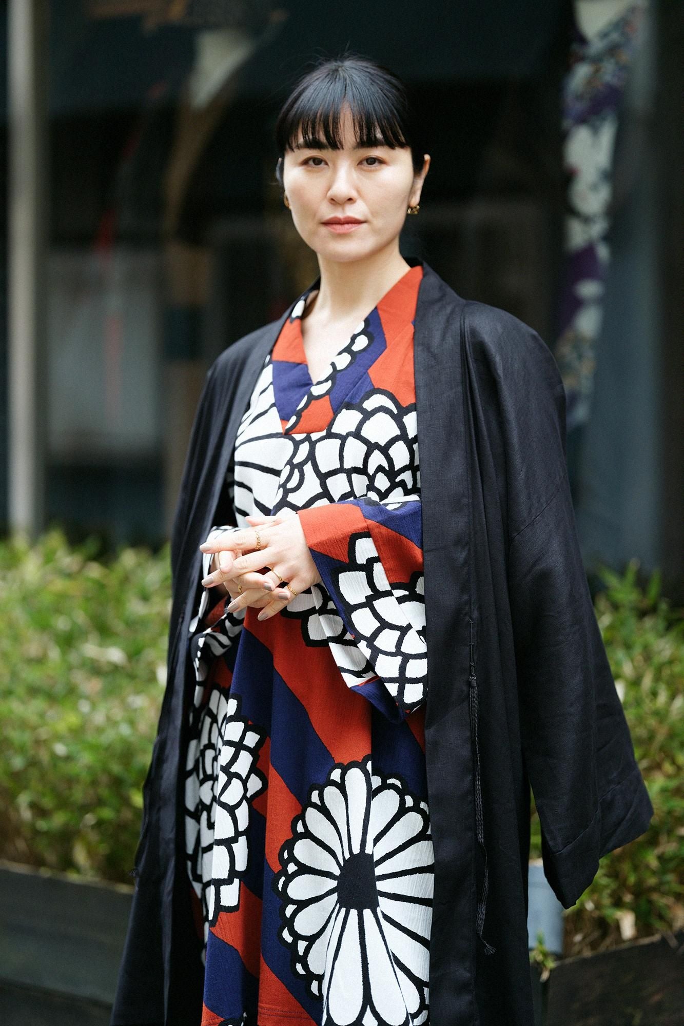 【官網限定】大麻彈性牛仔布袢纏 長袖外套中長單層/黑色