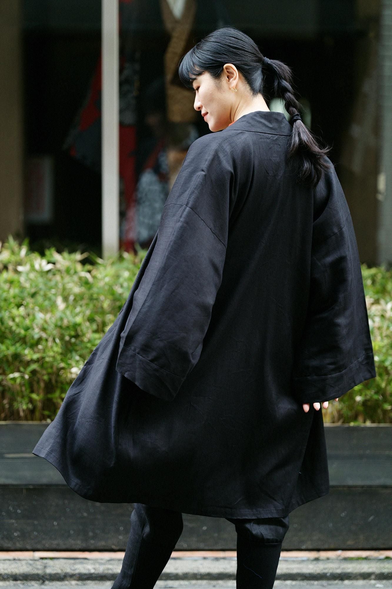 【官網限定】大麻彈性牛仔布袢纏 長袖外套中長單層/黑色