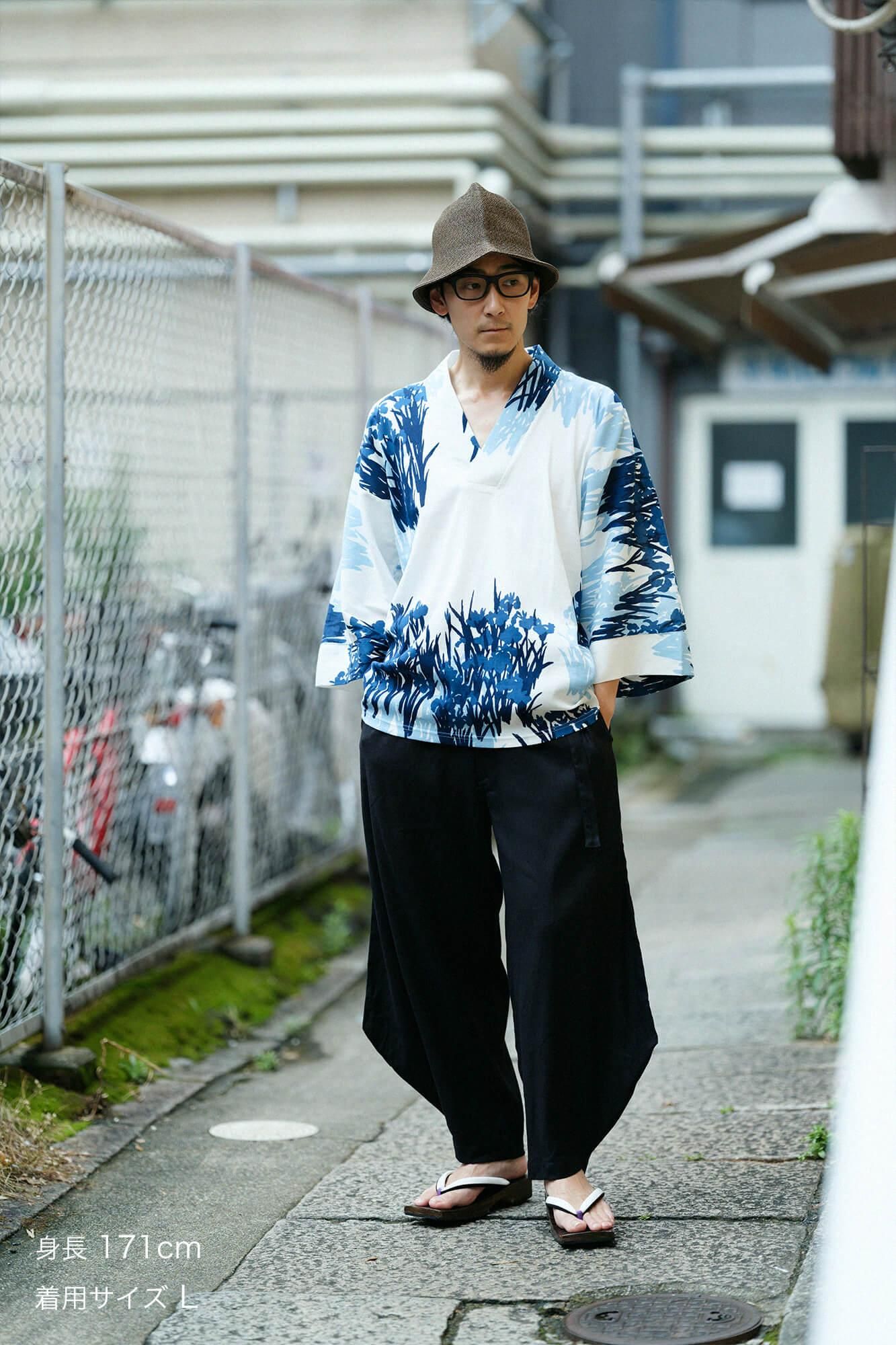 Chizimi Cotton 40/40 Ainasen (Part Fubi Kimono Shirt / Ogata Korin's Irises Folding Screens-Recreation