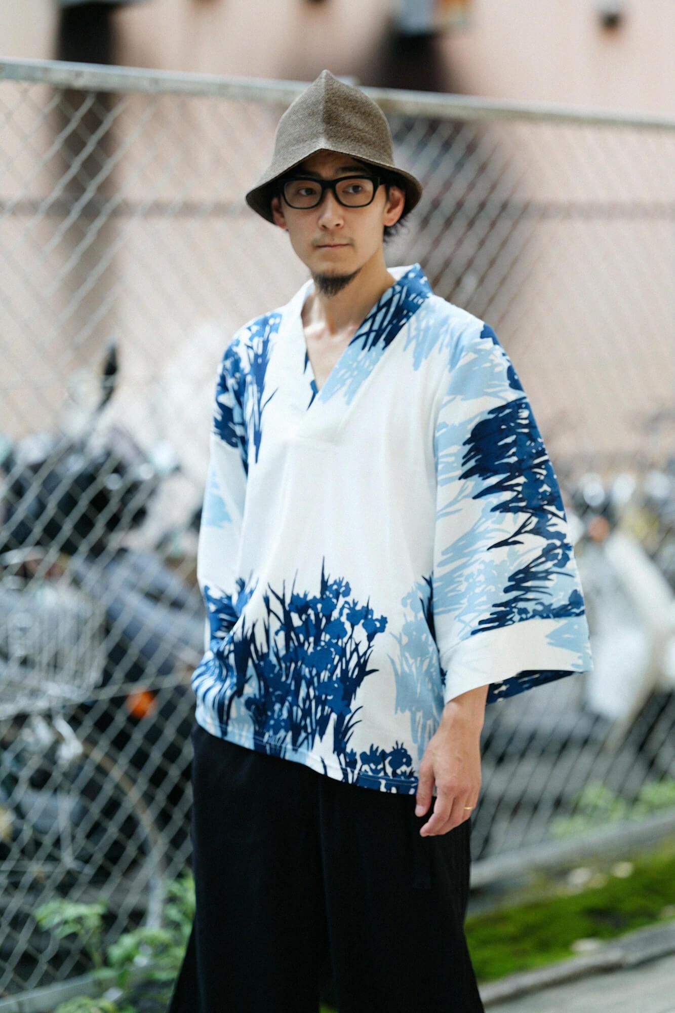 Chizimi Cotton 40/40 Ainasen (Part Fubi Kimono Shirt / Ogata Korin's Irises Folding Screens-Recreation