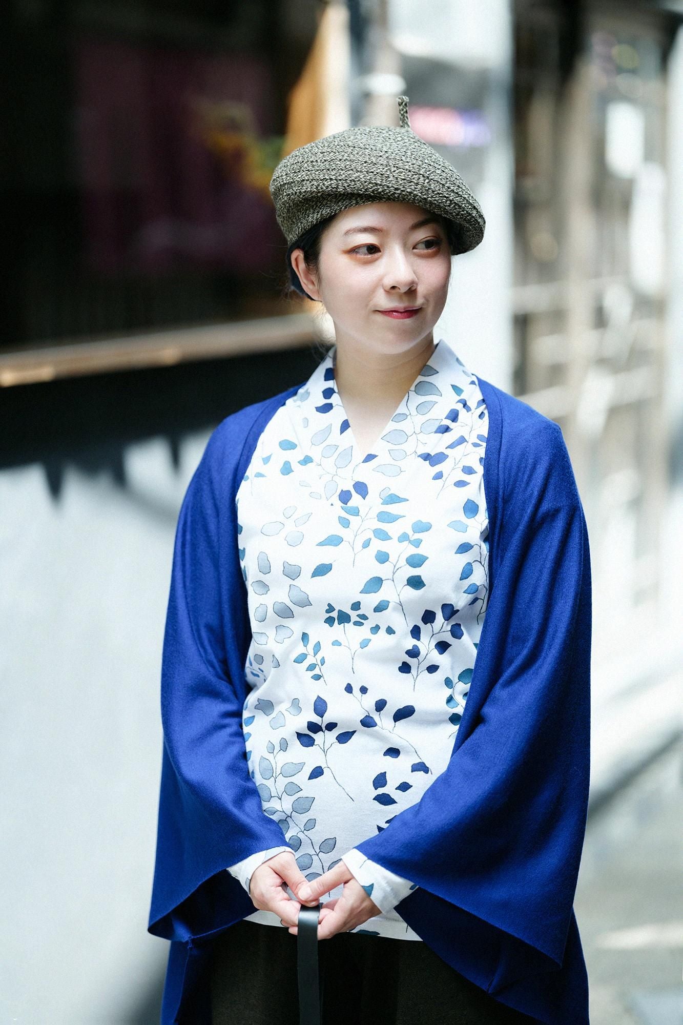 平針織 可洗羊毛 飛鼠袖外披/瑠璃藍色