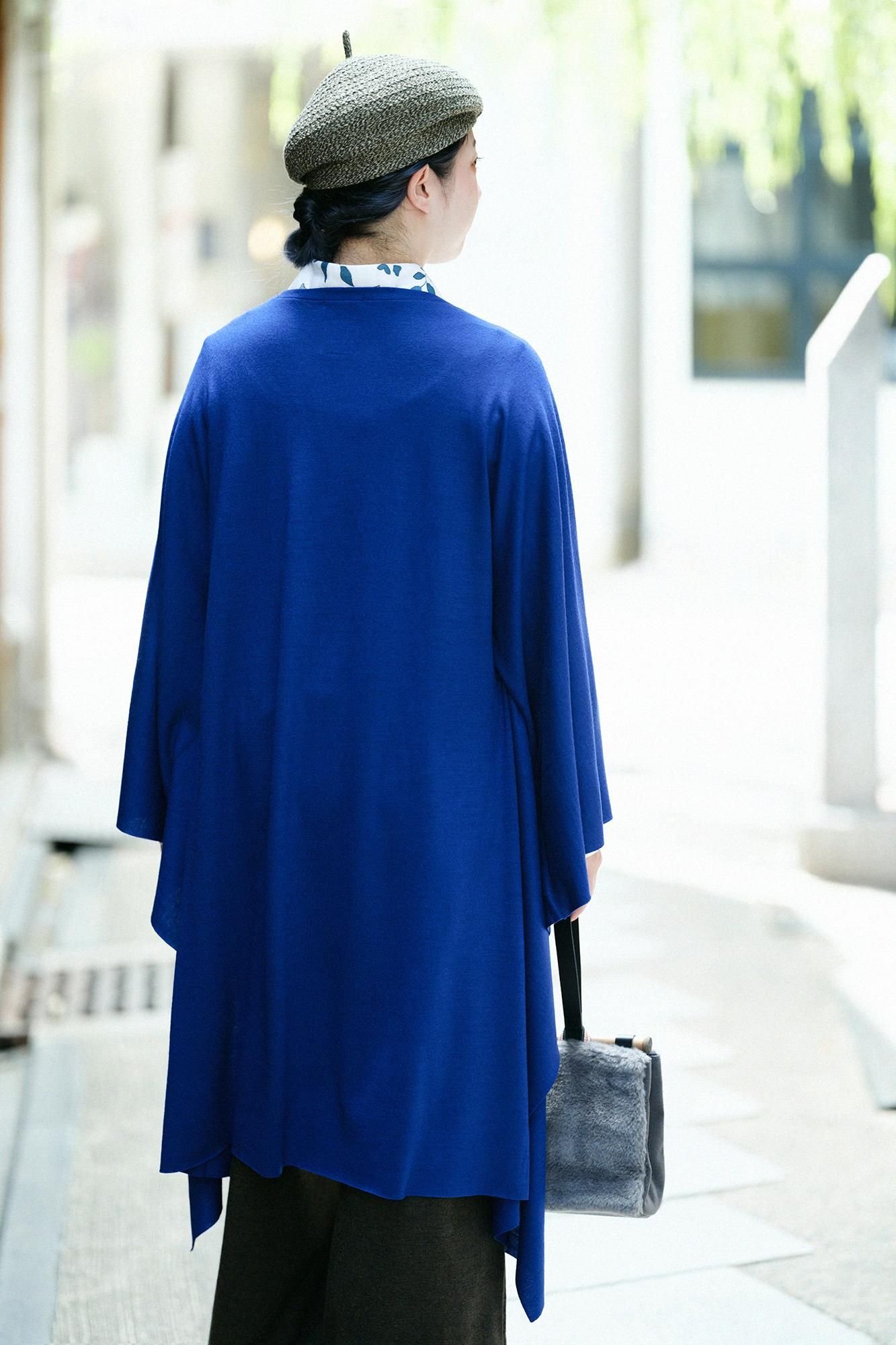 平針織 可洗羊毛 飛鼠袖外披/瑠璃藍色