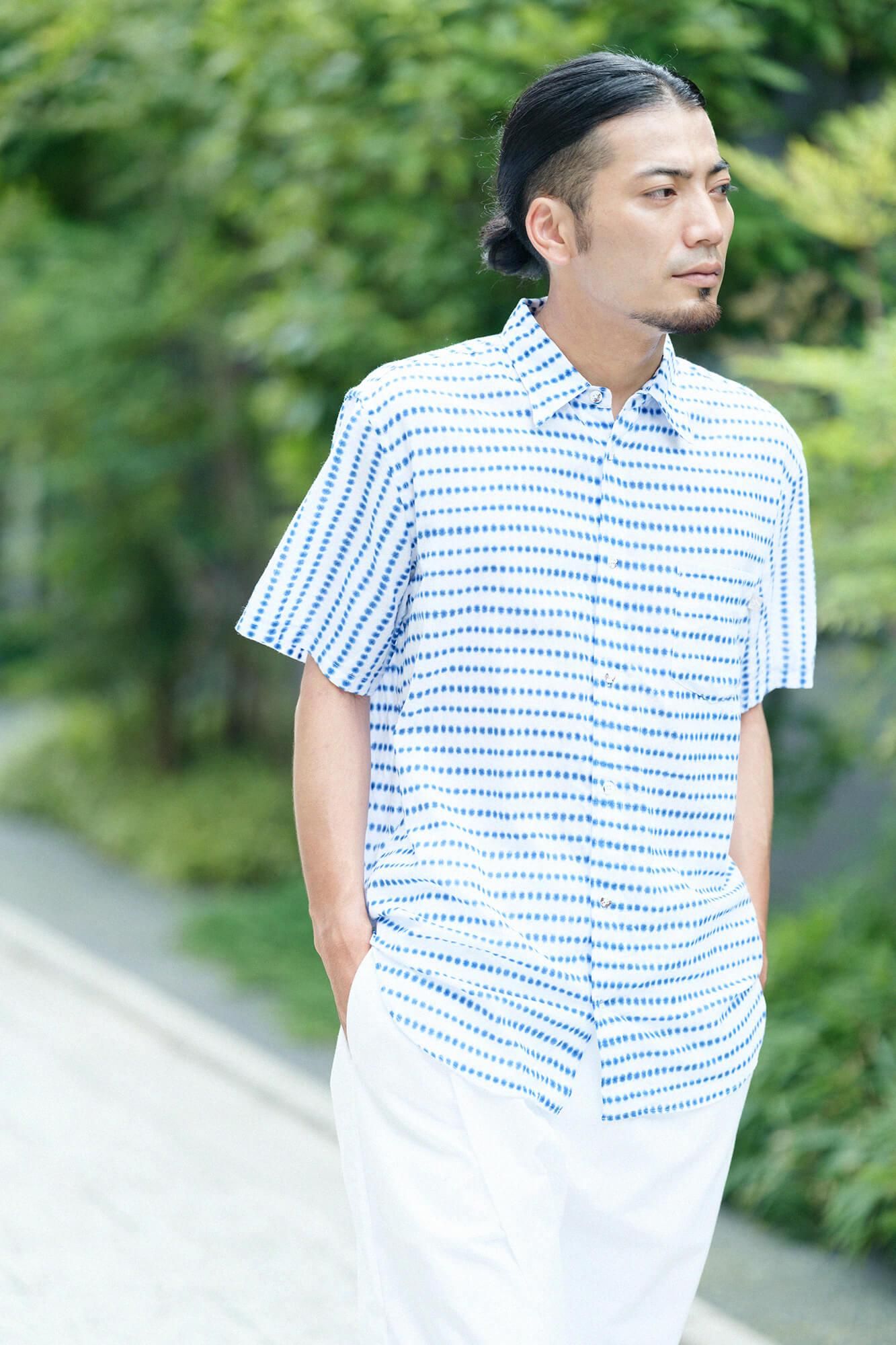 【net限定】知多木綿 有松鳴海絞り 半袖シャツ/張正 豆絞り