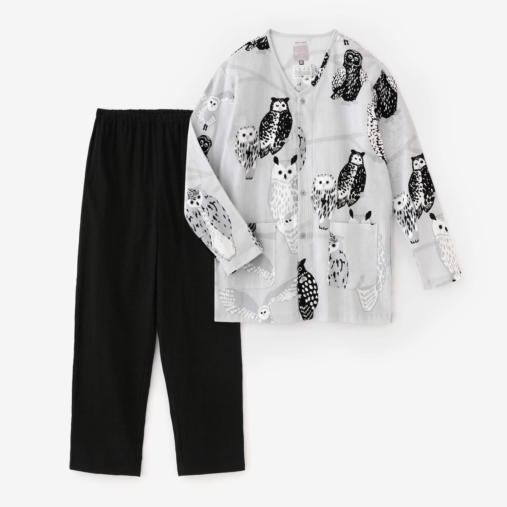 高島縮棉 20/20 圖案紋樣居家服/貓頭鷹×黑色