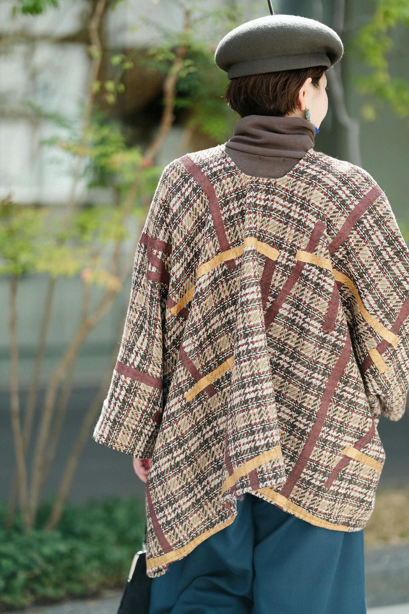 粗花呢斜紋織如月披風斗篷 短版/鳶和留白 棕色格子