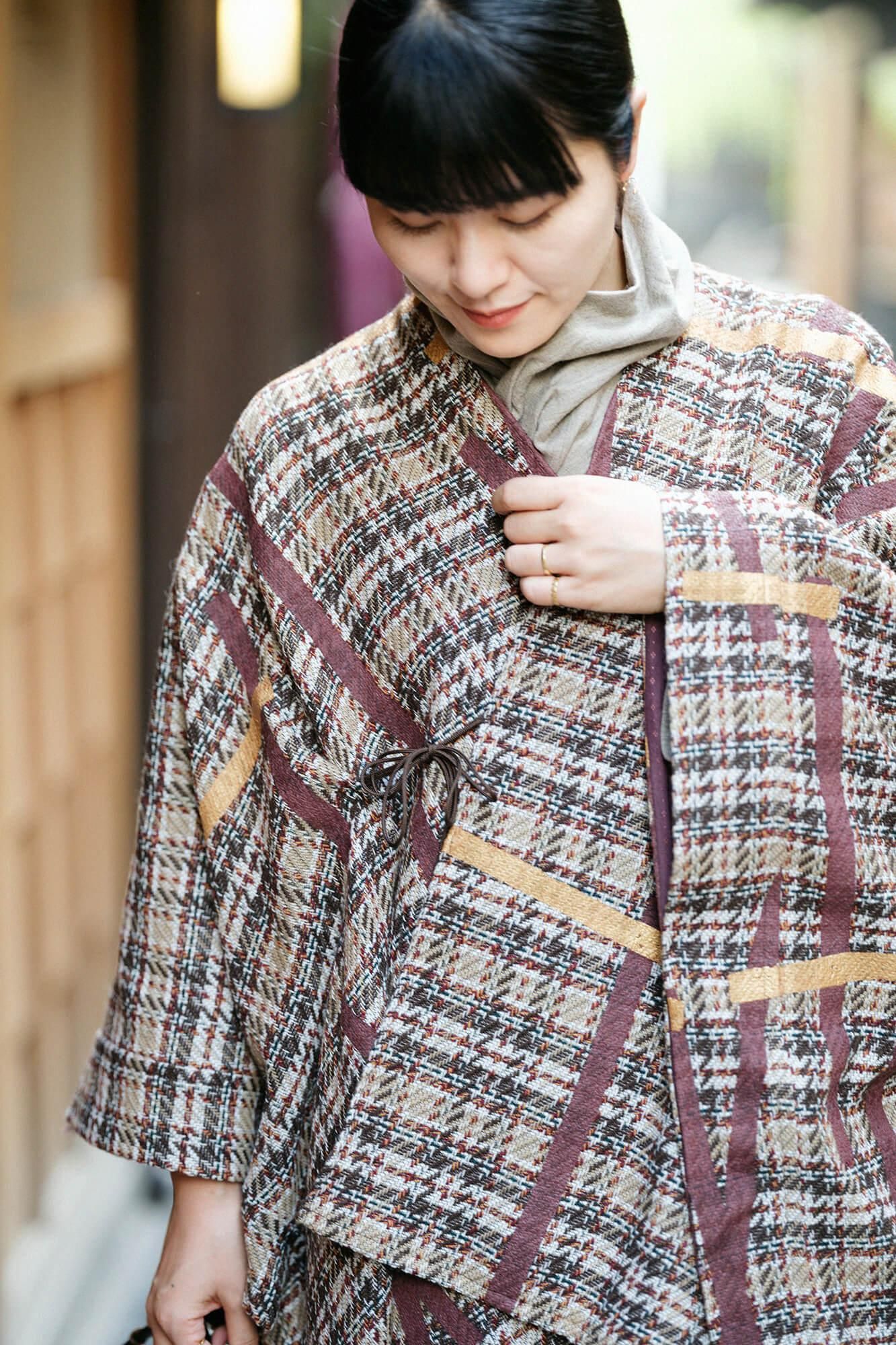 【net limited】tweed Twill Weave(AyaFestivethe law of nature) Kisaragi Poncho/Tobi(Kitobi)and Blank Dark Brown Lattice