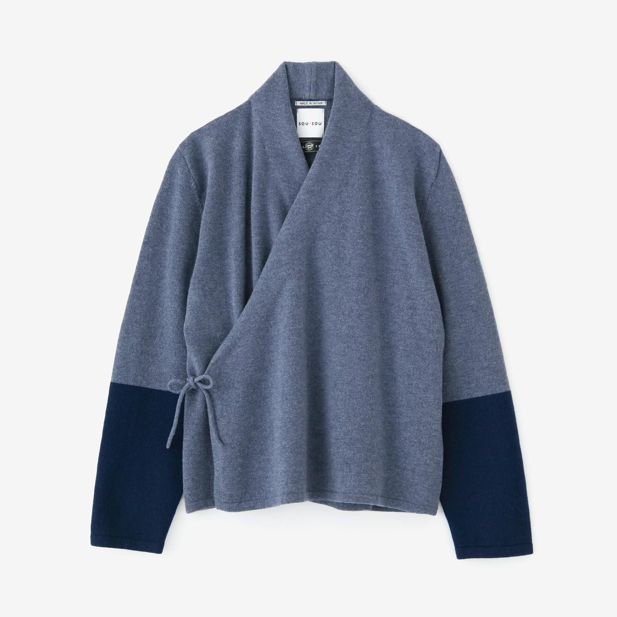 SOU・SOU×ALPHA羊絨雙色袖和裝針織衫/灰藍色衣身