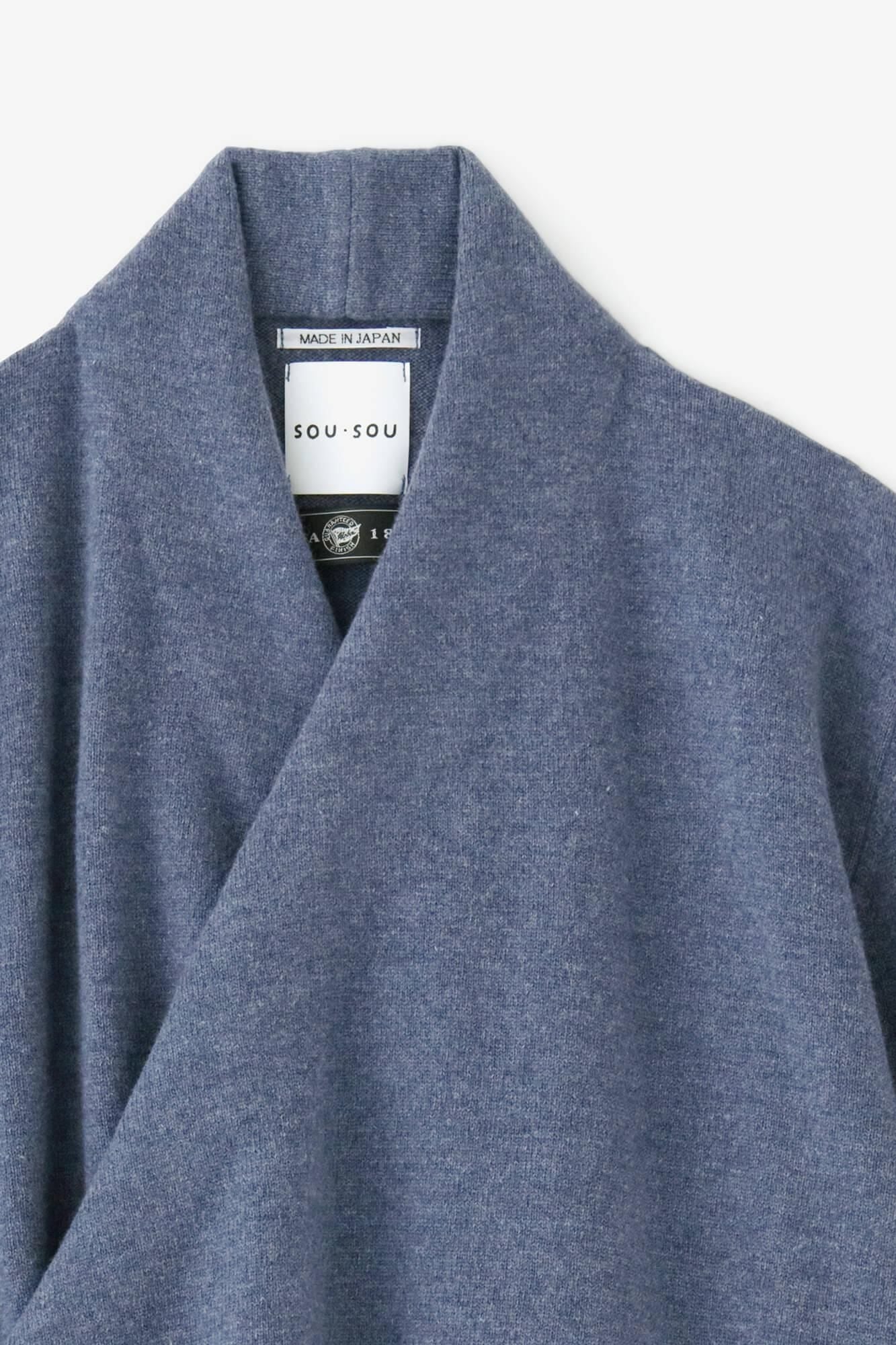 SOU・SOU×ALPHA羊絨雙色袖和裝針織衫/灰藍色衣身