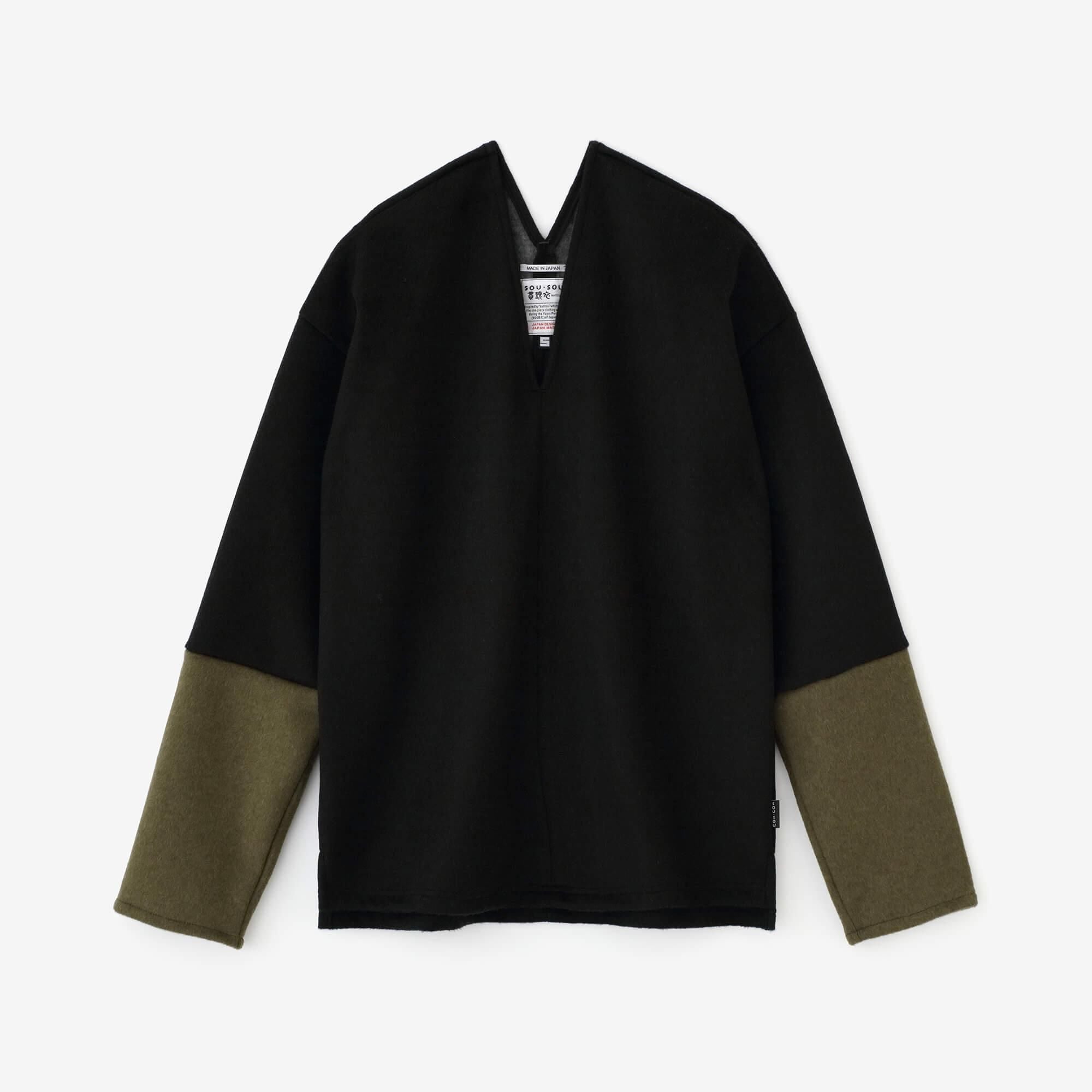 Dual-layered Fleece Knit Bi-color Sleeve V Neck Kantoui / Black × Brownish Green