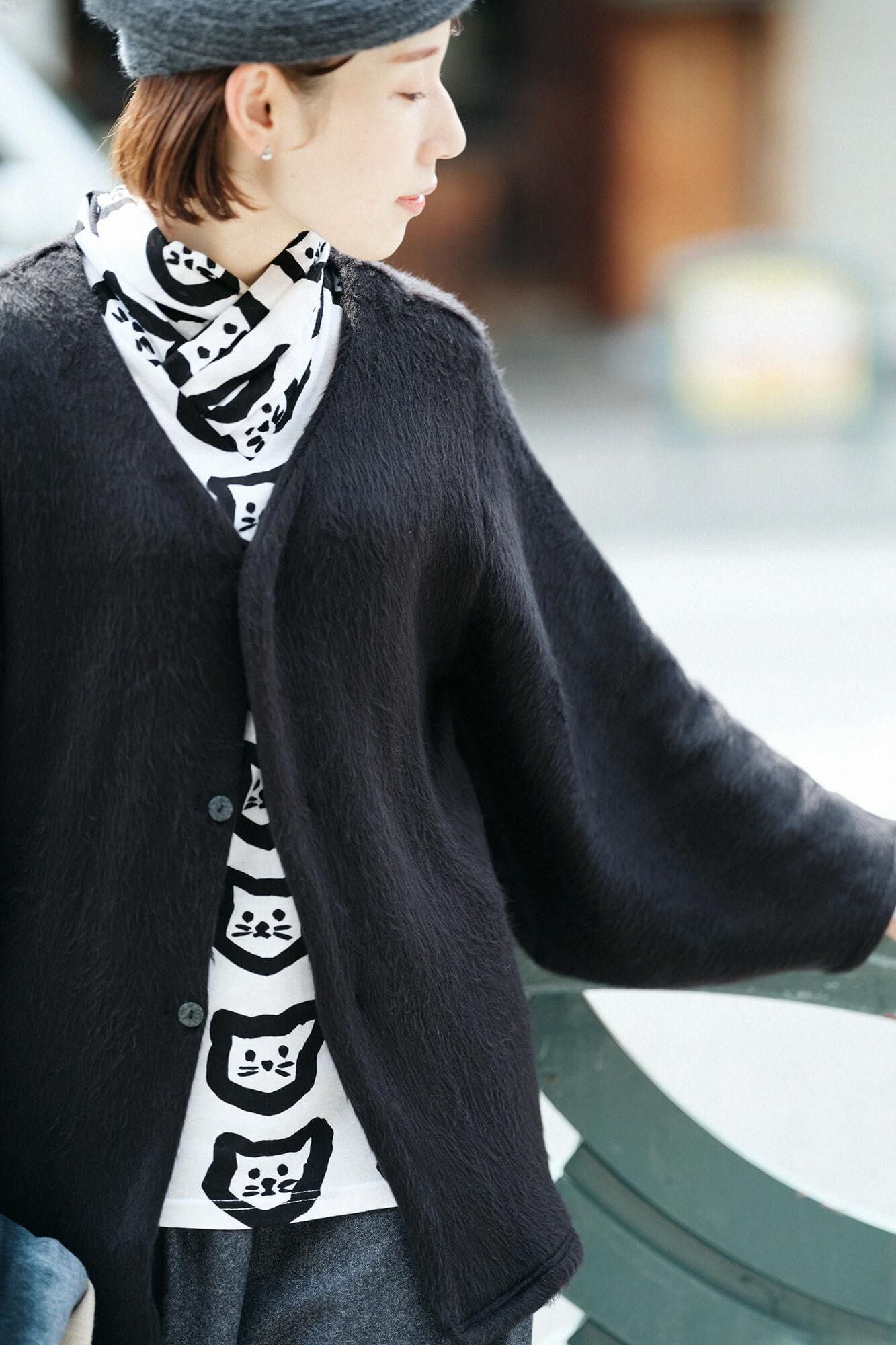Imported Dual-layered Knit Fur Naginata Earl Cardigan / Black
