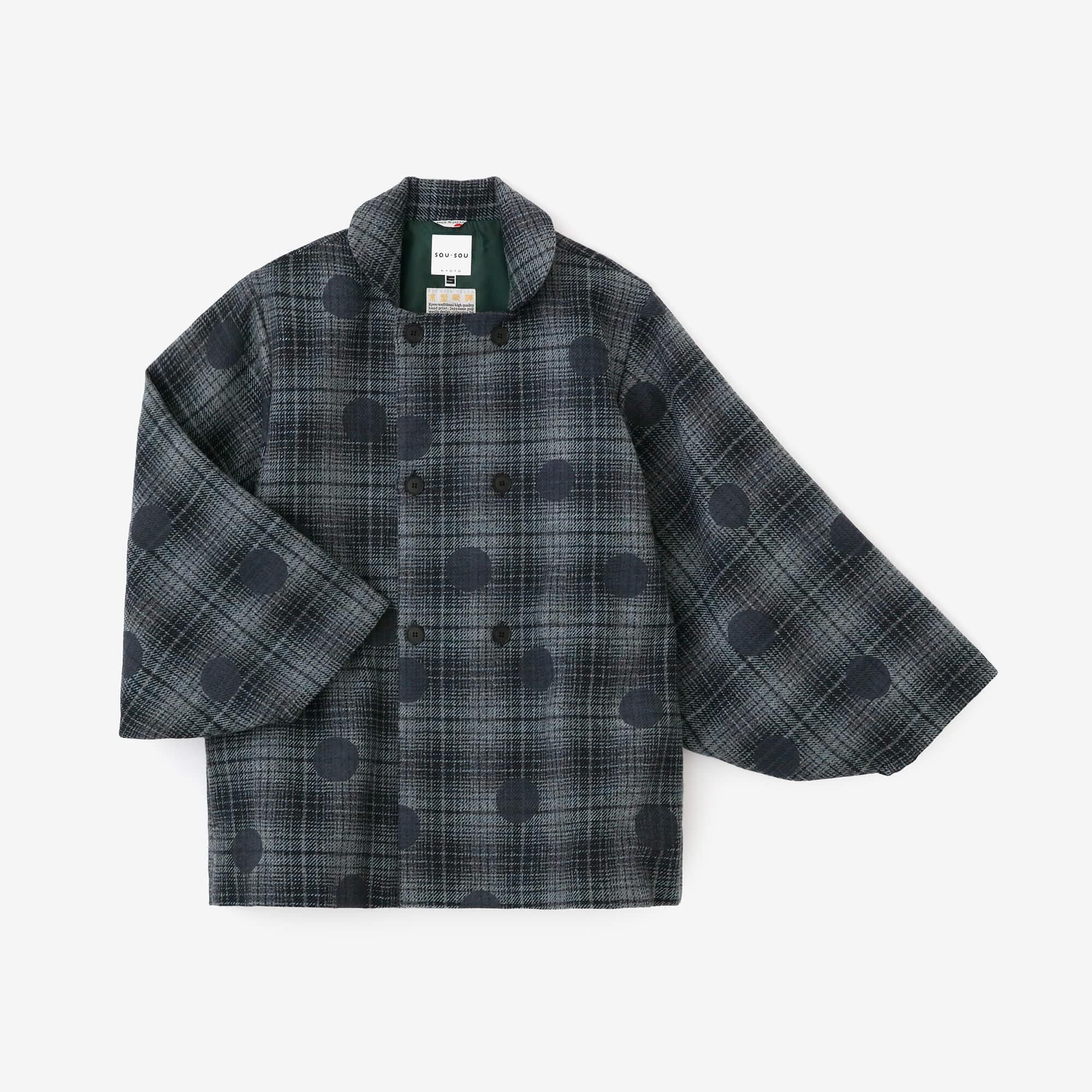 【net limited】Worsted Combed Yarn Lattice Weave Double Breasted Naginata Square Neck Coat with Lining / Suigyoku, Polka Dots Mara Bluish Grey
