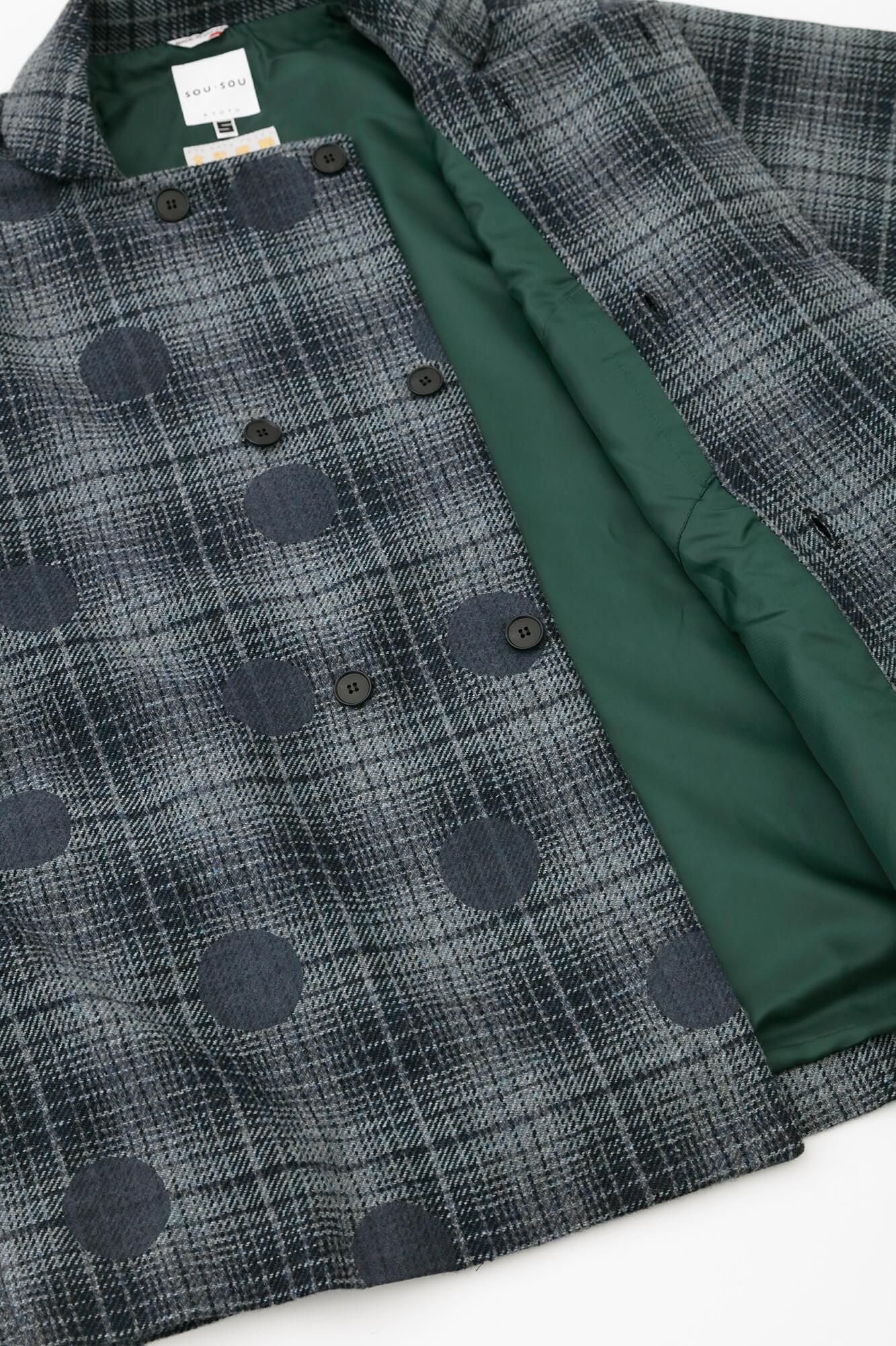 【net limited】Worsted Combed Yarn Lattice Weave Double Breasted Naginata Square Neck Coat with Lining / Suigyoku, Polka Dots Mara Bluish Grey