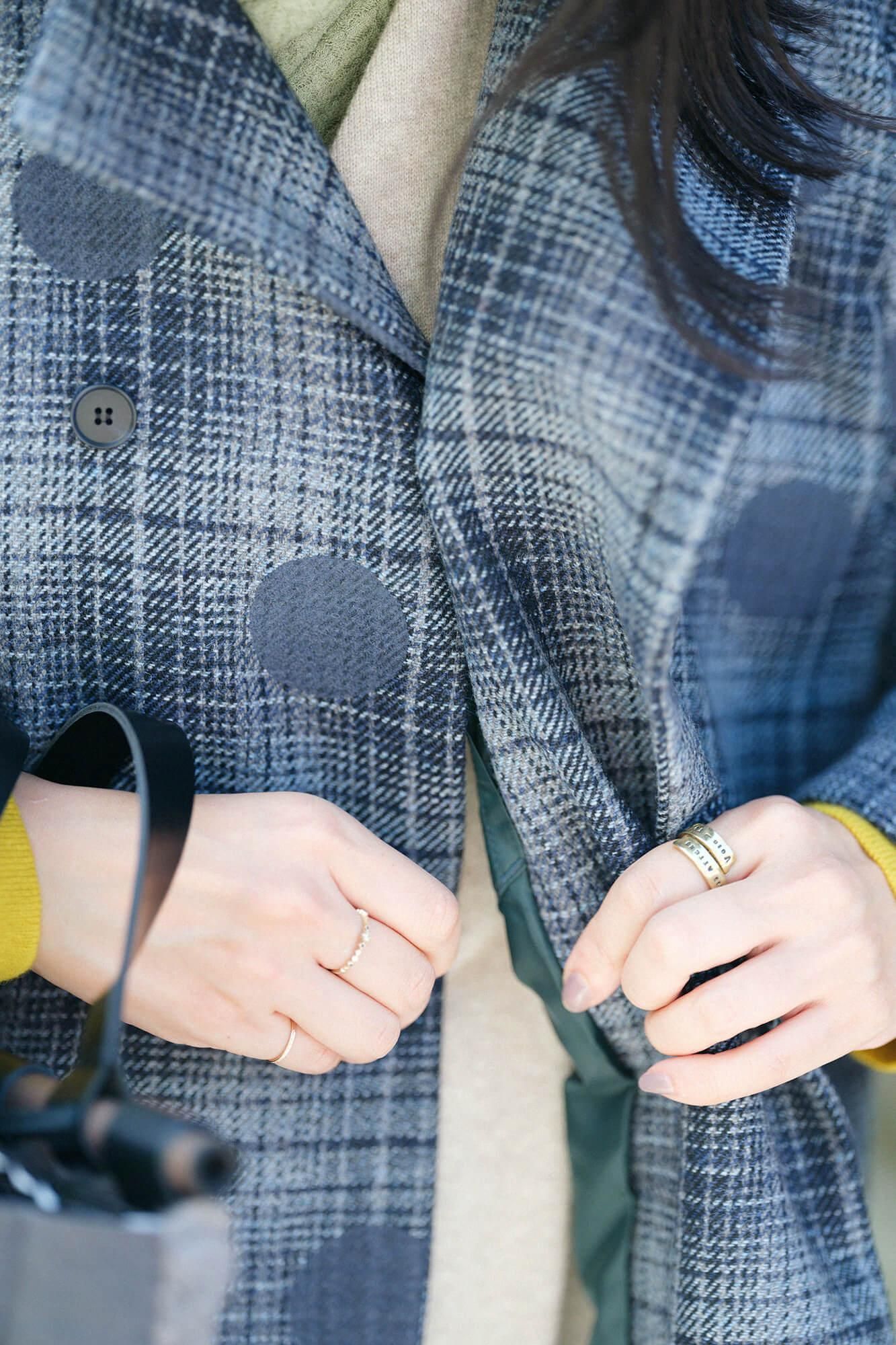 【net limited】Worsted Combed Yarn Lattice Weave Double Breasted Naginata Square Neck Coat with Lining / Suigyoku, Polka Dots Mara Bluish Grey