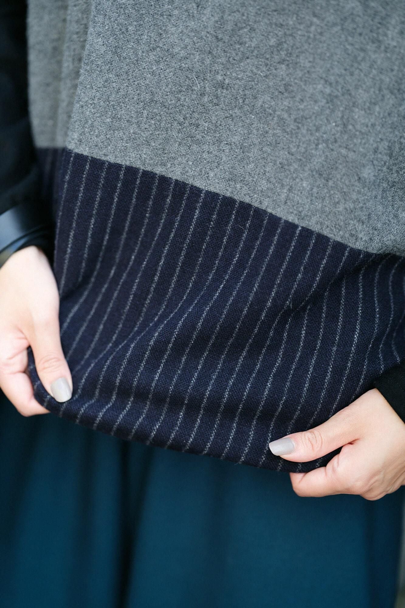 梳毛 梯形上衣 雙色/深灰色×暗藍色條紋