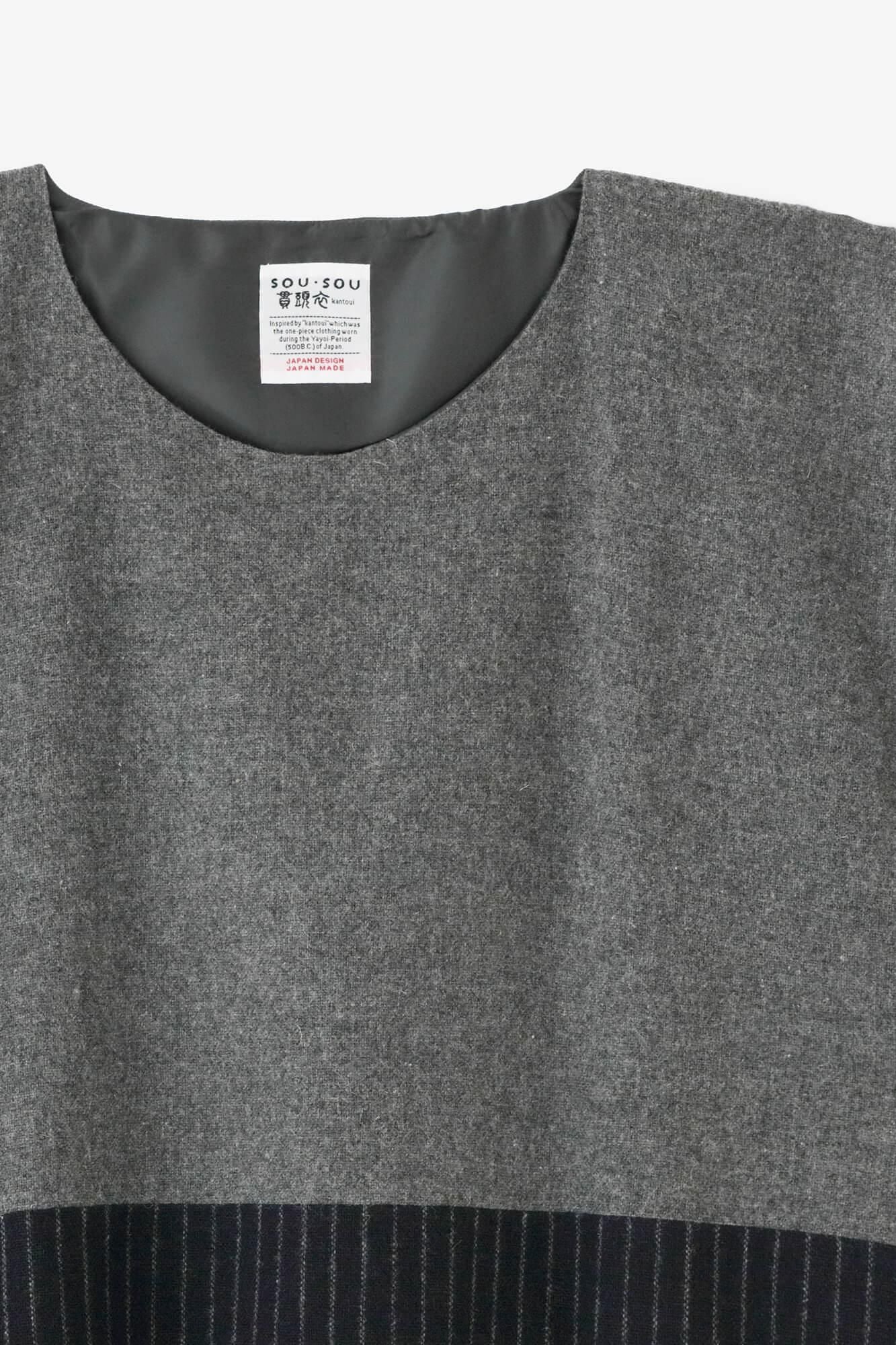 梳毛 梯形上衣 雙色/深灰色×暗藍色條紋