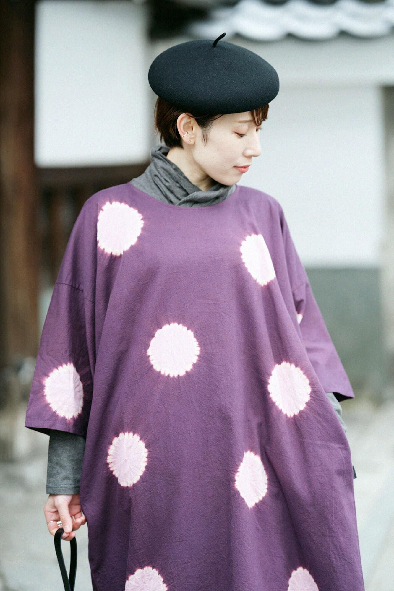 近清絞り 綿毛綾織(めんけあやおり) 薙刀長方形衣(なぎなたちょうほうけい)/水玉大(みずたまだい) 濃紫(こきむらさき)×鴇色(ときいろ)