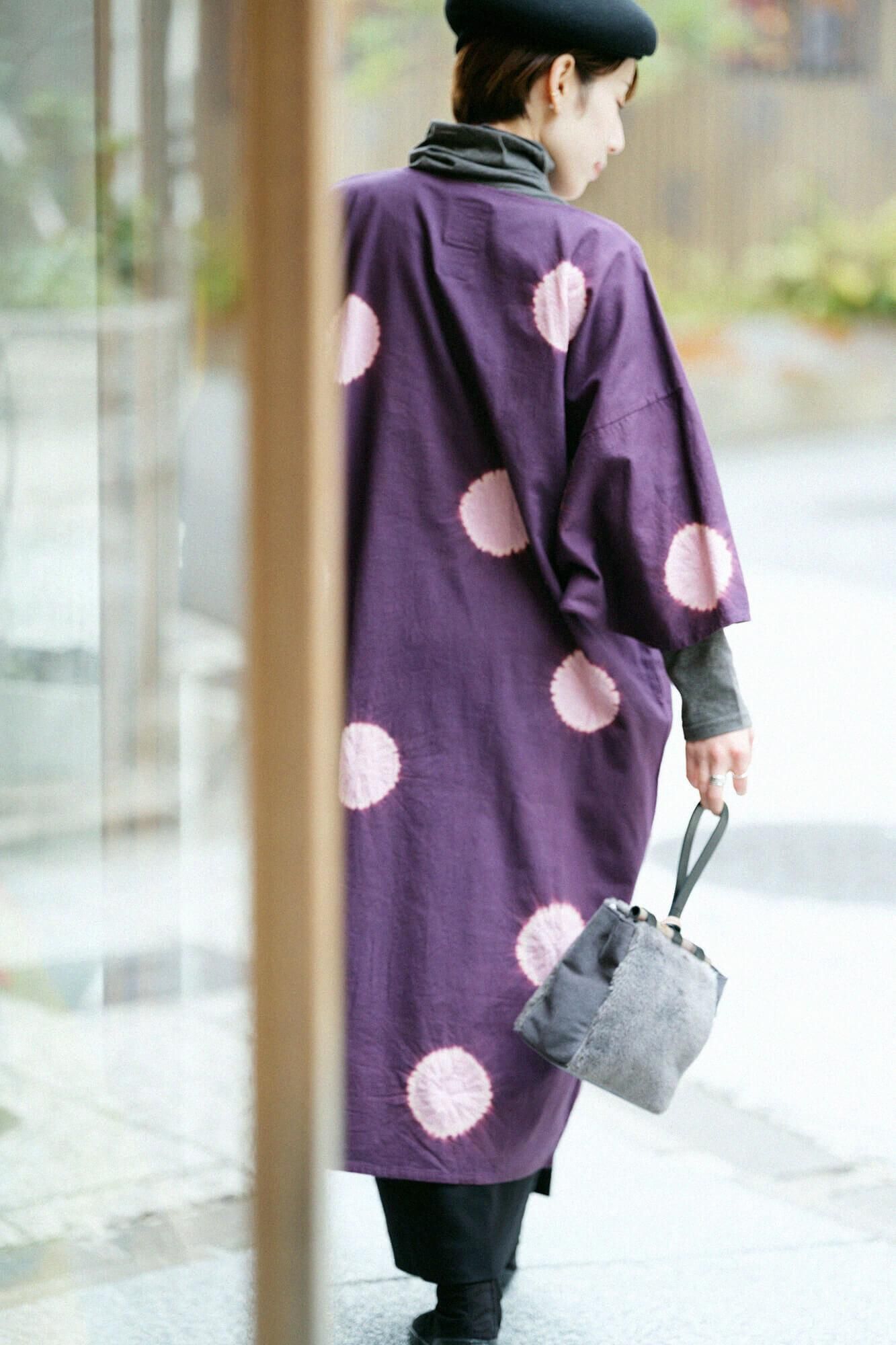 近清絞り 綿毛綾織(めんけあやおり) 薙刀長方形衣(なぎなたちょうほうけい)/水玉大(みずたまだい) 濃紫(こきむらさき)×鴇色(ときいろ)