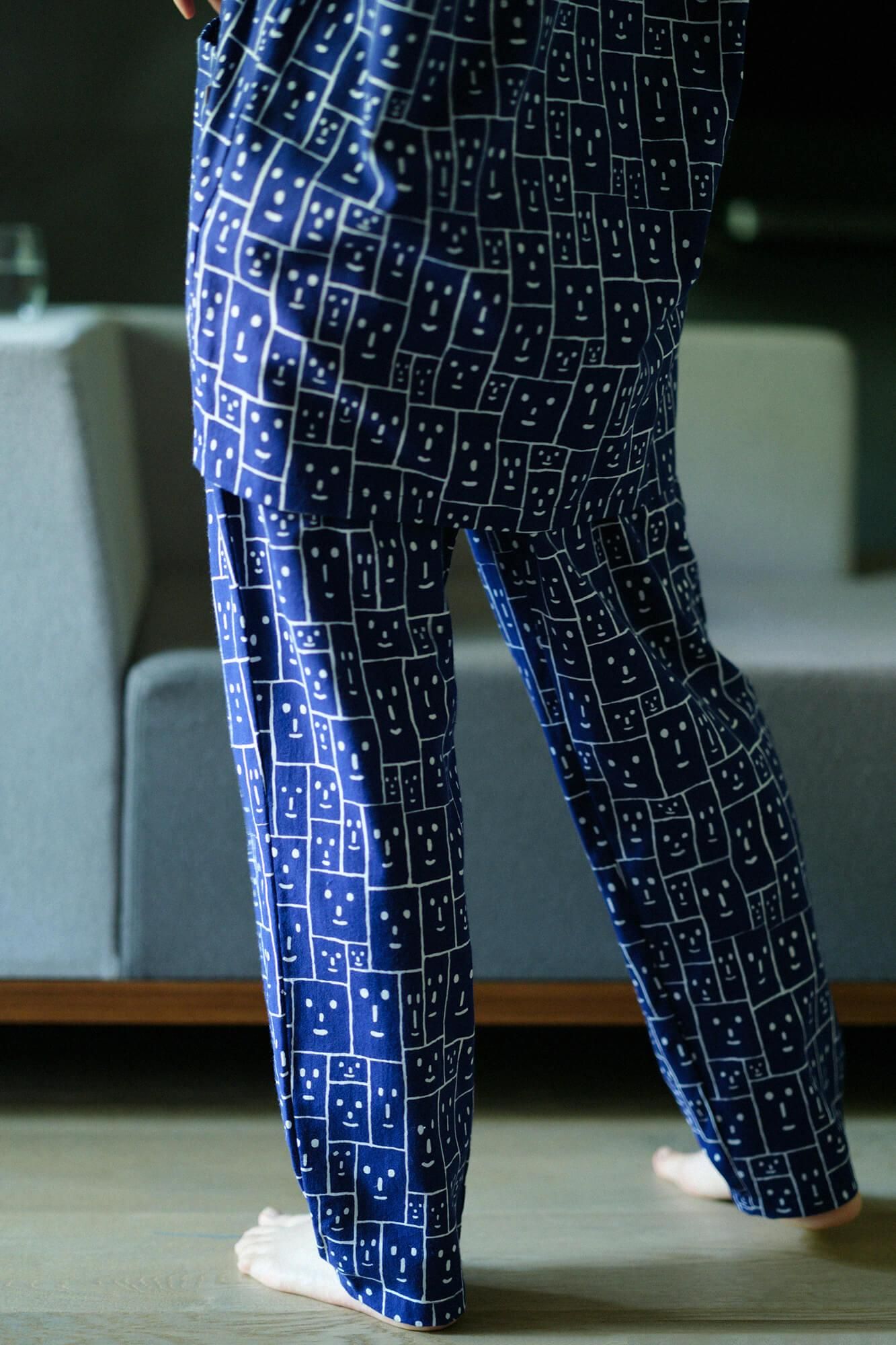 【官網限定】高島平織 V領 圖案紋樣居家服/笑顏 寶藍色