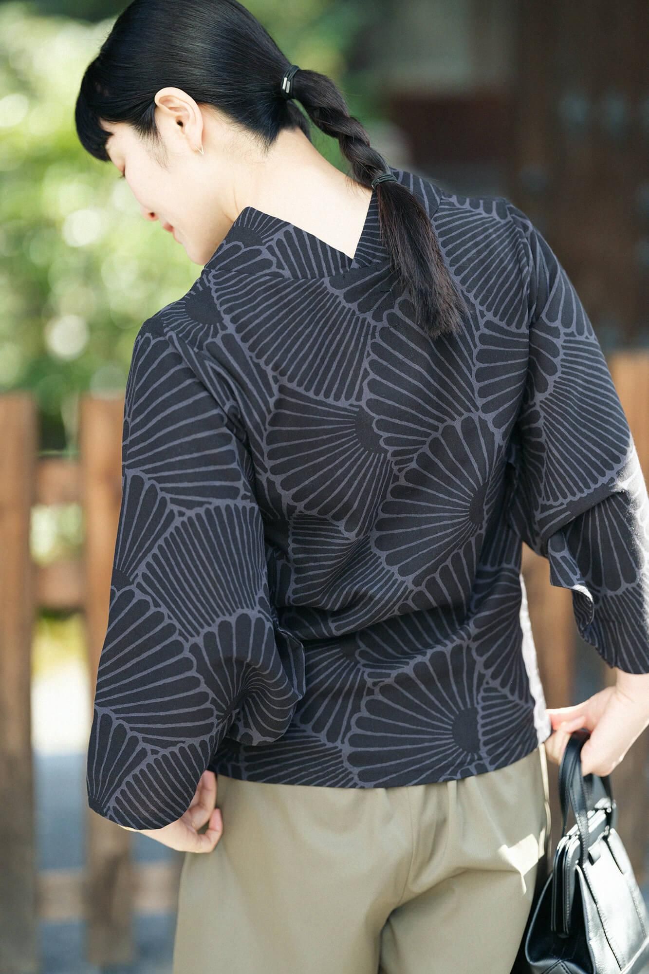 高島縮棉 40/40 和服領上衣/菊扇