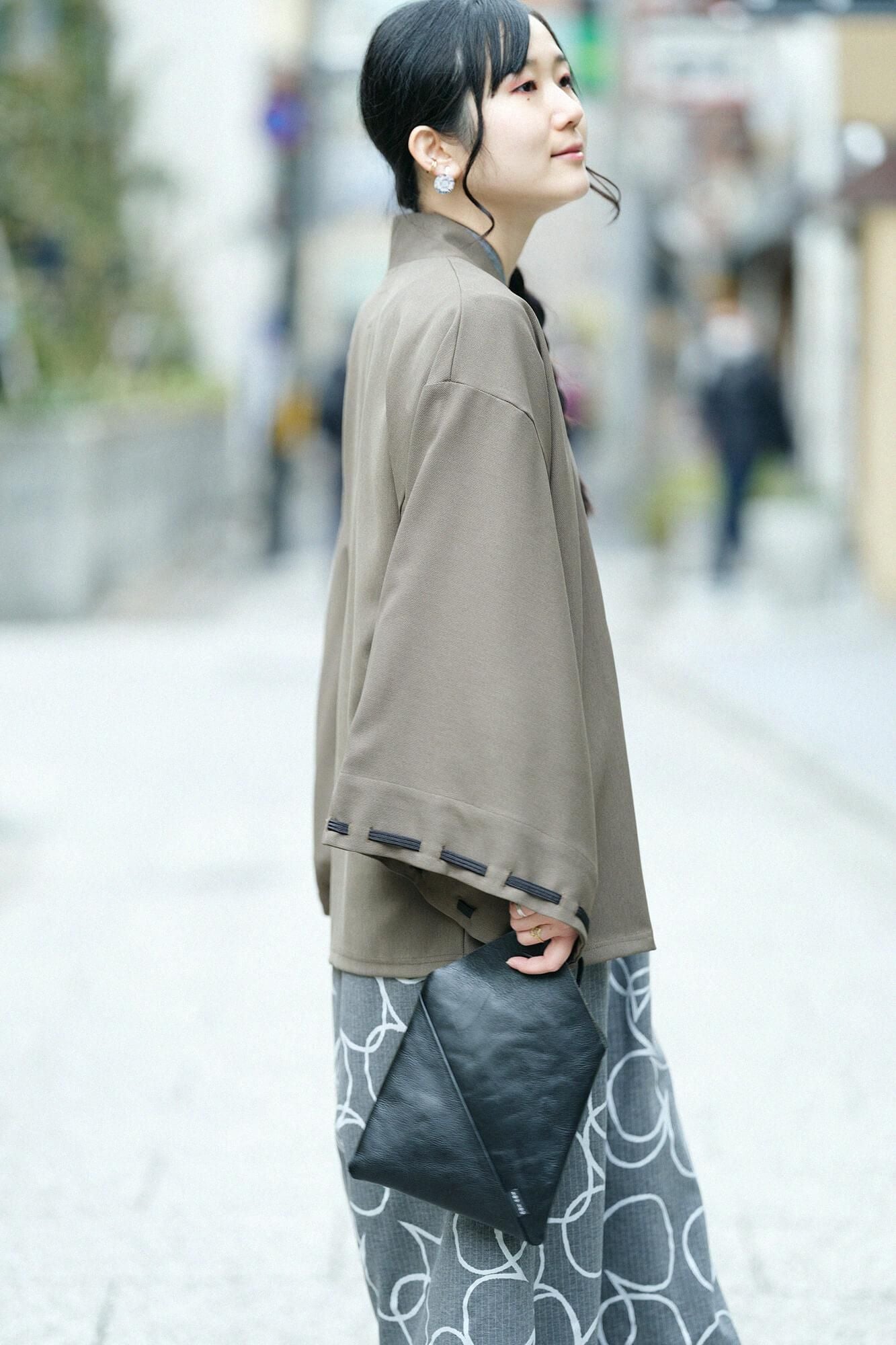 【net limited】Transition Basket Weave Rectangular Sleeve Earl Cardigan / Olive Green