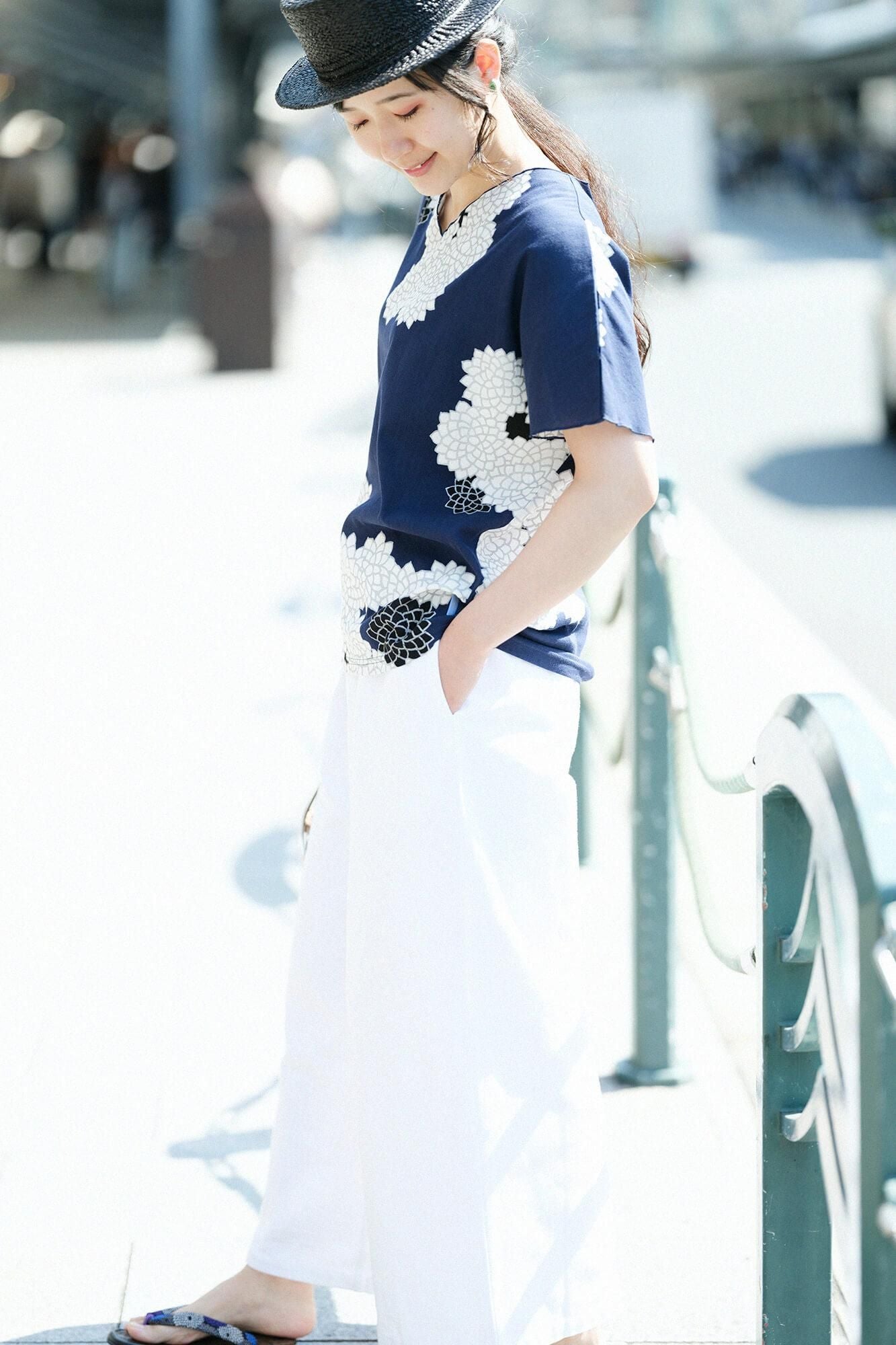 高島縮棉 40/40 短袖上衣/雲間菊良夜