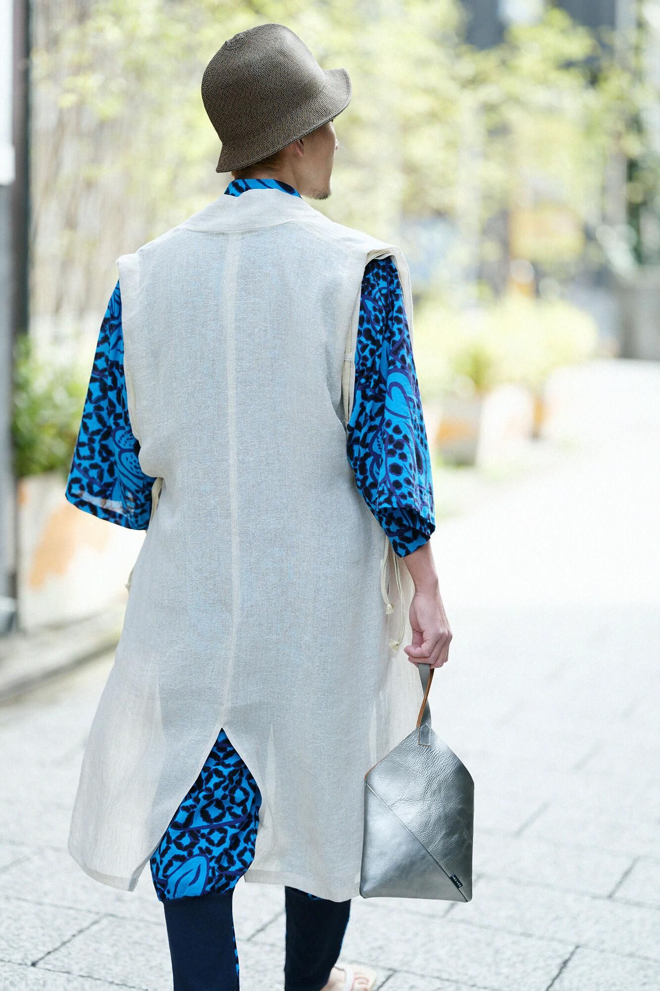 Linen Linen-washi Blended Jinbaori Shoulder Tuck Long / Raw White