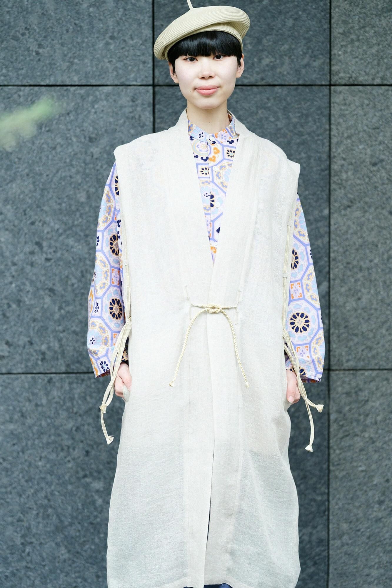 Linen Linen-washi Blended Jinbaori Shoulder Tuck Long / Raw White