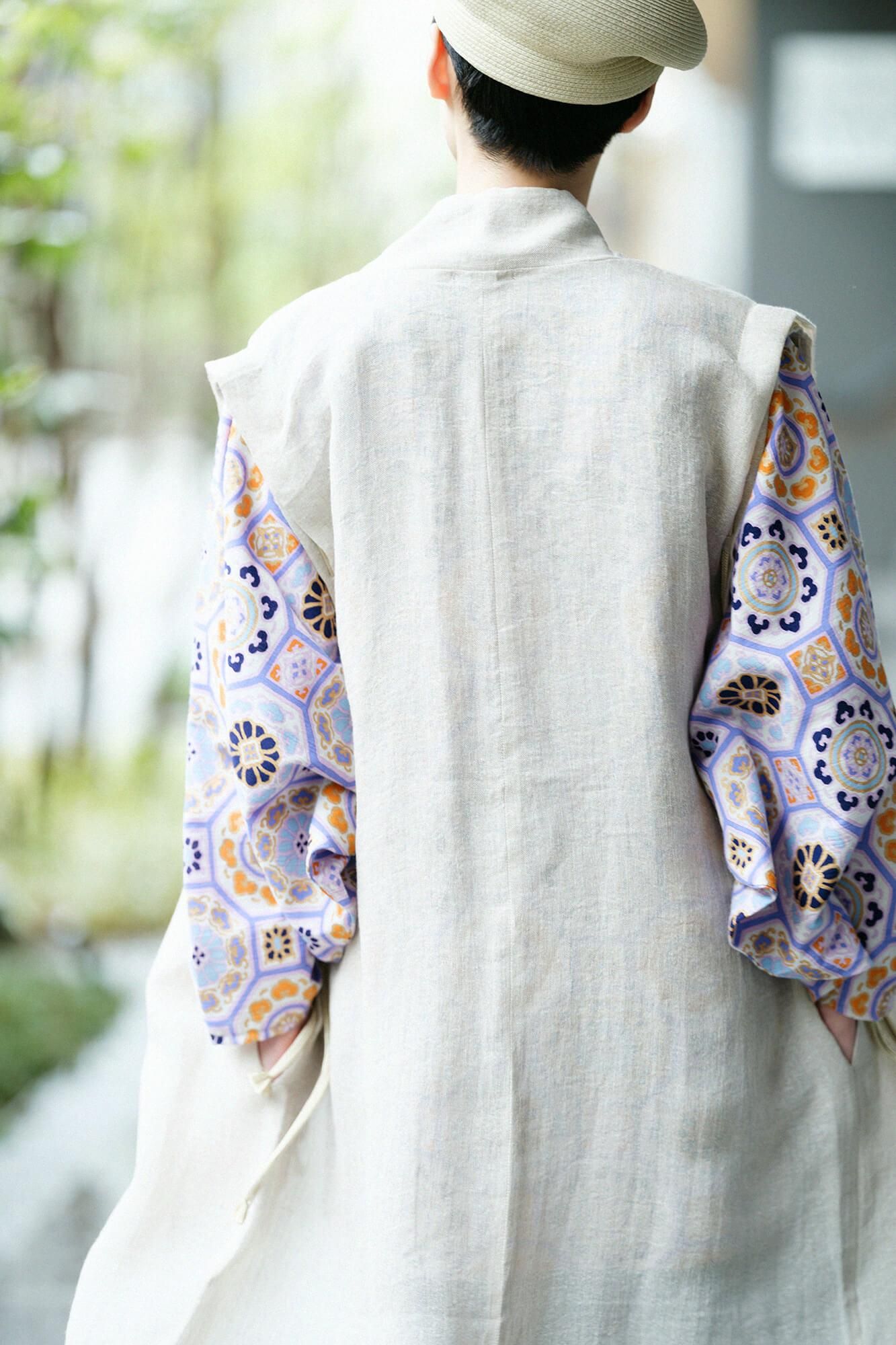 Linen Linen-washi Blended Jinbaori Shoulder Tuck Long / Raw White