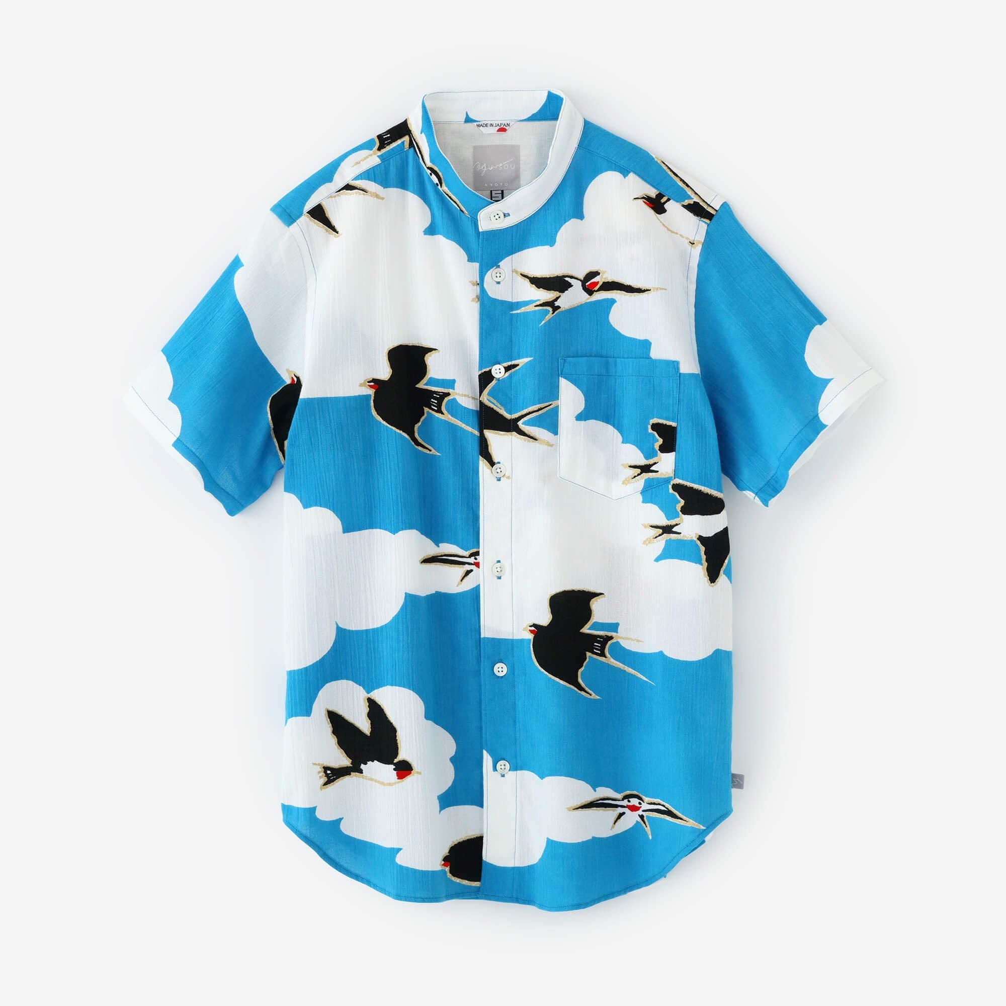 Chizimi Cotton 20/20 Stand Collar Short Sleeve Shirt / Swallows Arrive