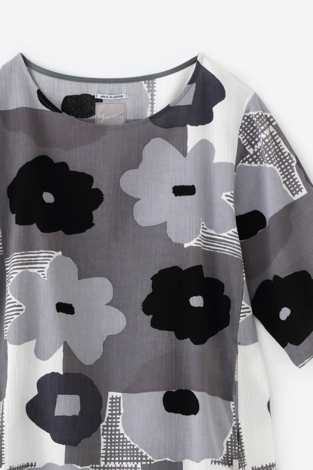 Chizimi Cotton 20/20 Elbow Length Sleeve Tunic / Pressed Flowers