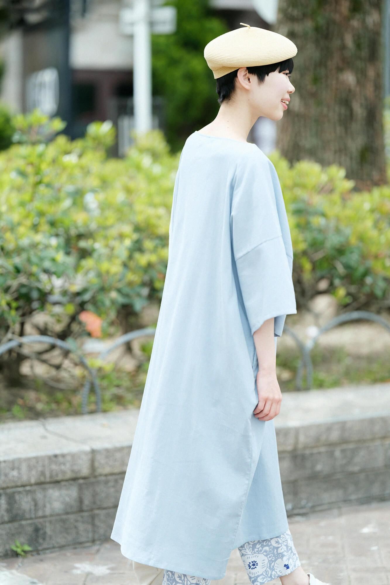 타카시마치지미 40/40 히라소데 보트넥 원피스/ Light Celadon (Ususeiji)