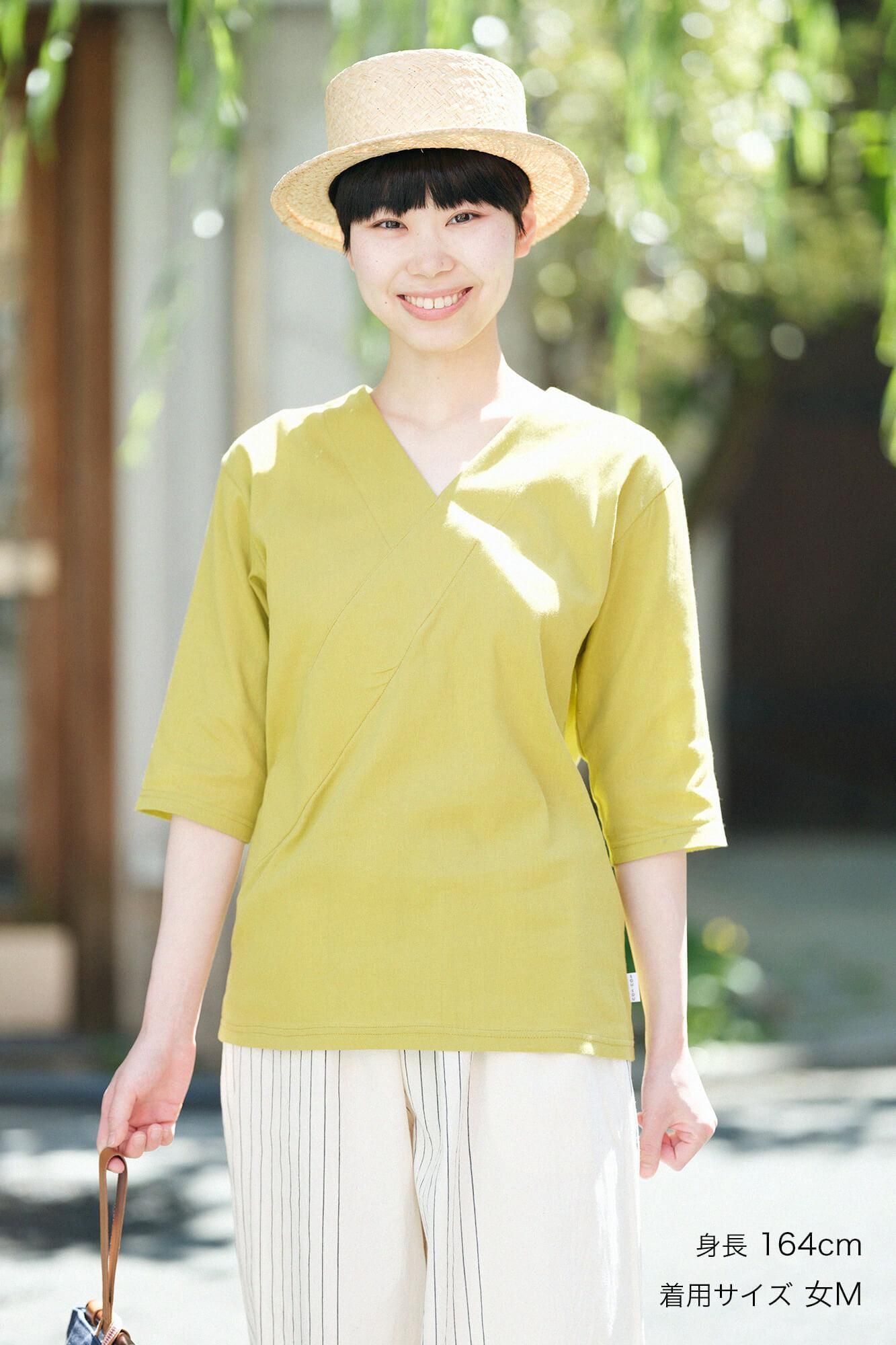 高島縮棉 40/40 V領上衣 六分袖/柳葉色