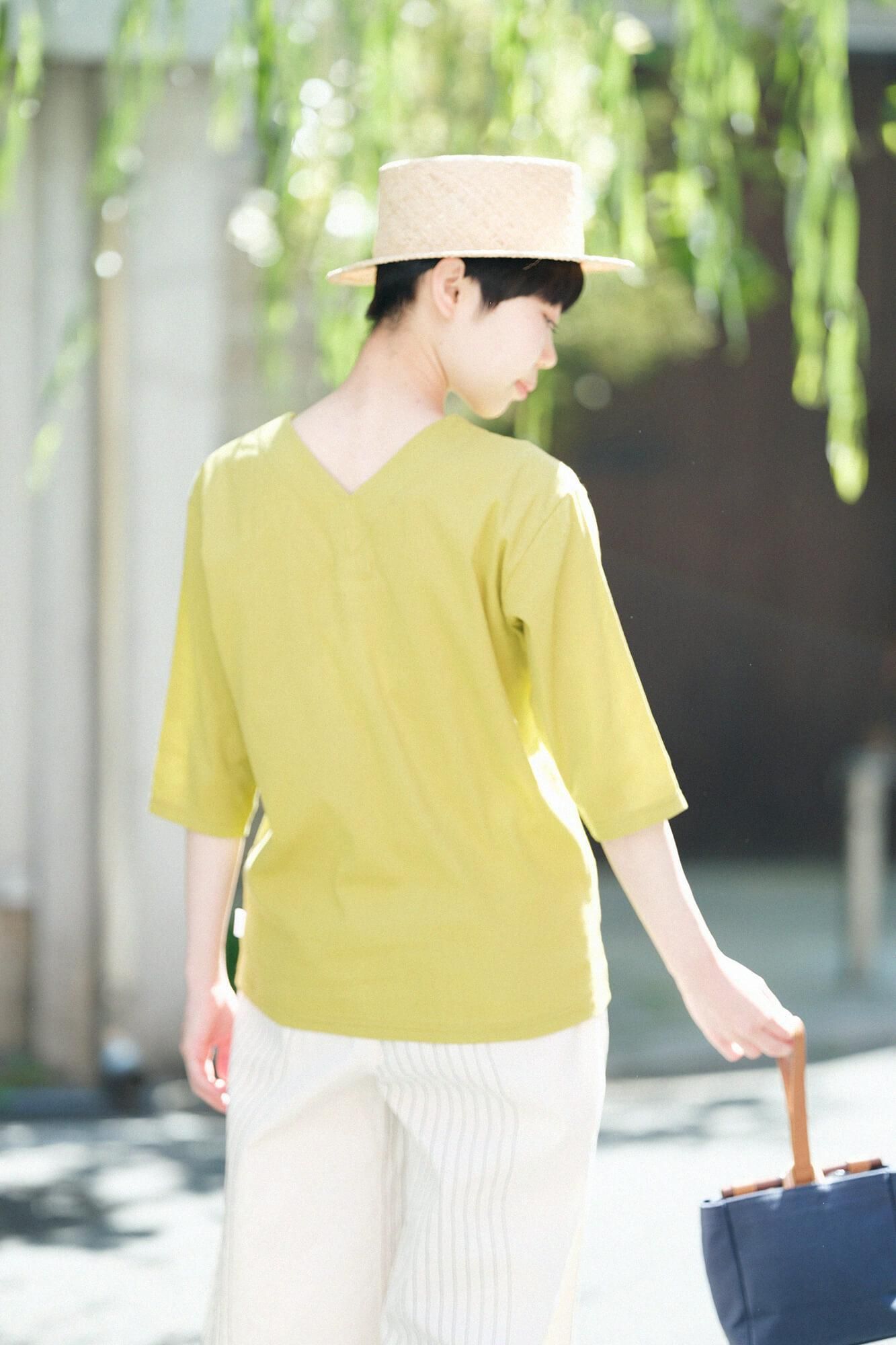 高島縮棉 40/40 V領上衣 六分袖/柳葉色