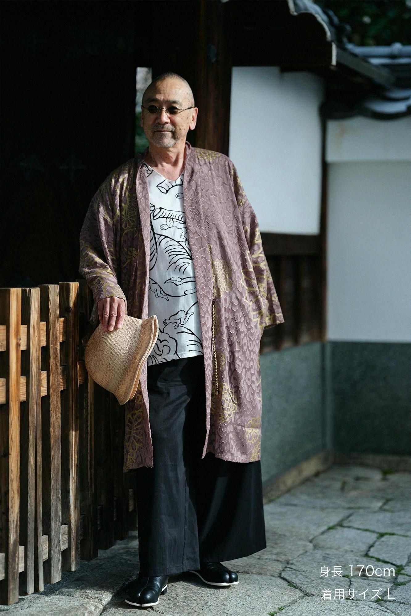 Cut Jacquard Hanten Long-sleeved Jacket Mid-length Single Layer / Gold Damask Greyish Brown