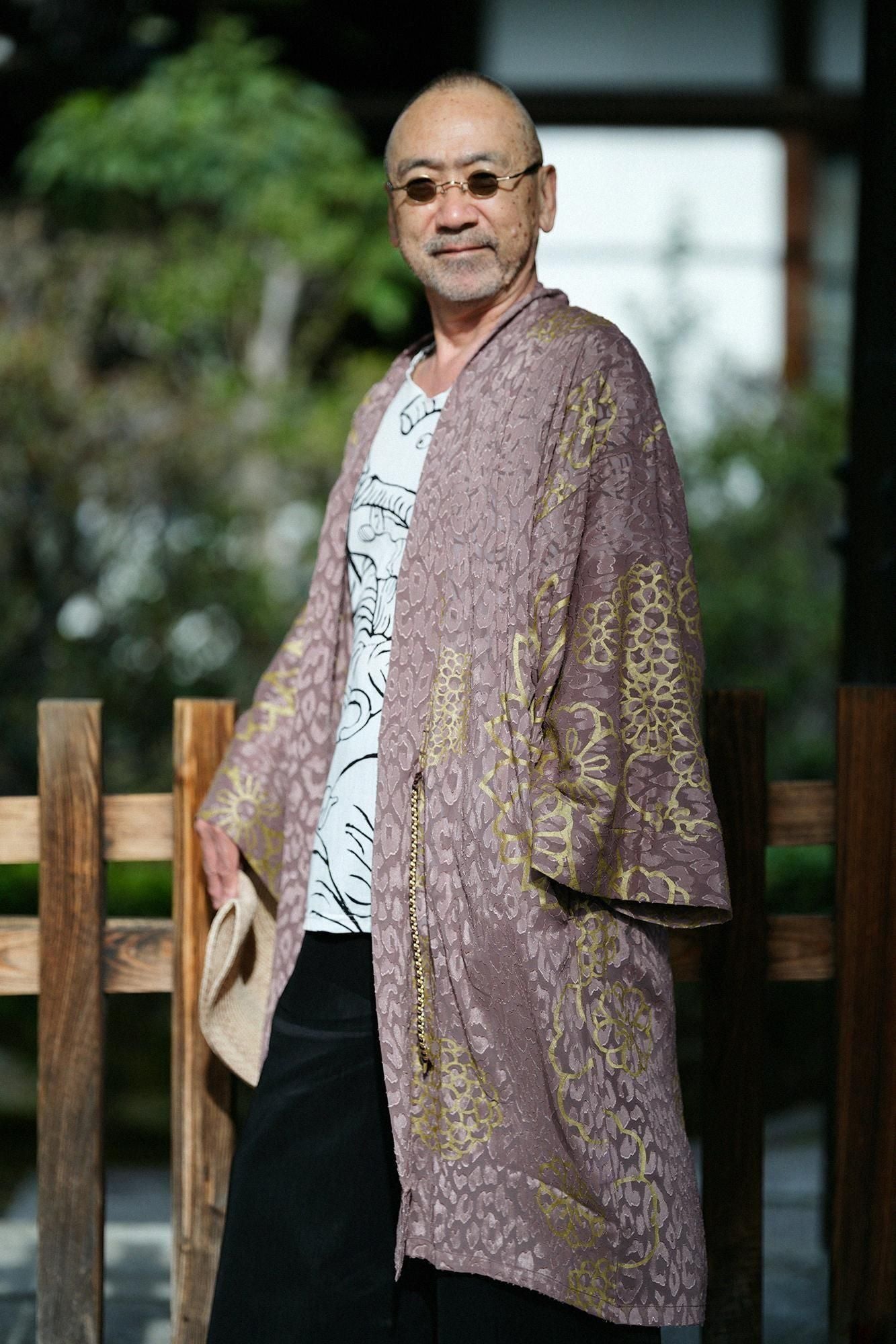 Cut Jacquard Hanten Long-sleeved Jacket Mid-length Single Layer / Gold Damask Greyish Brown