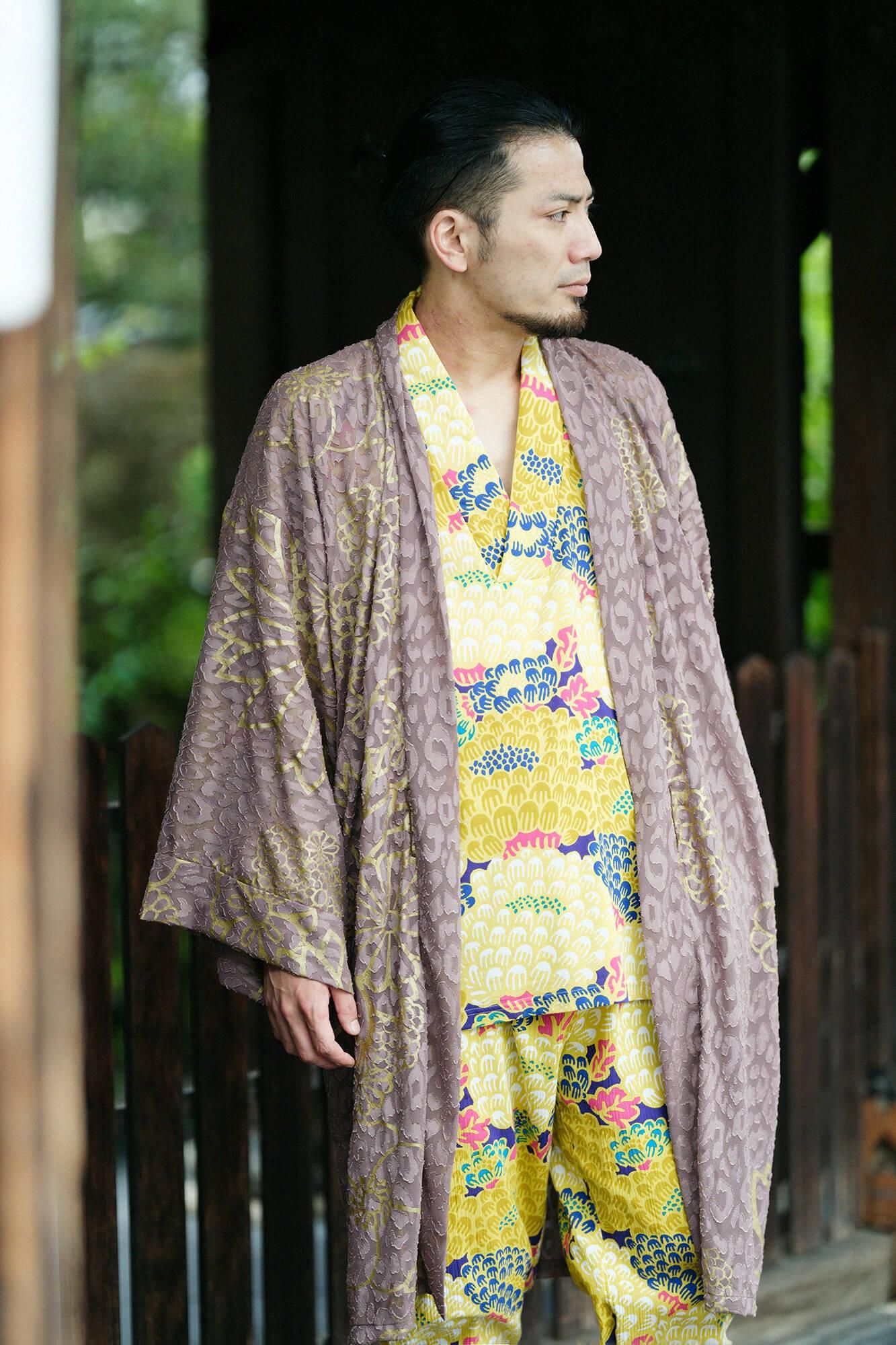 Cut Jacquard Hanten Long-sleeved Jacket Mid-length Single Layer / Gold Damask Greyish Brown