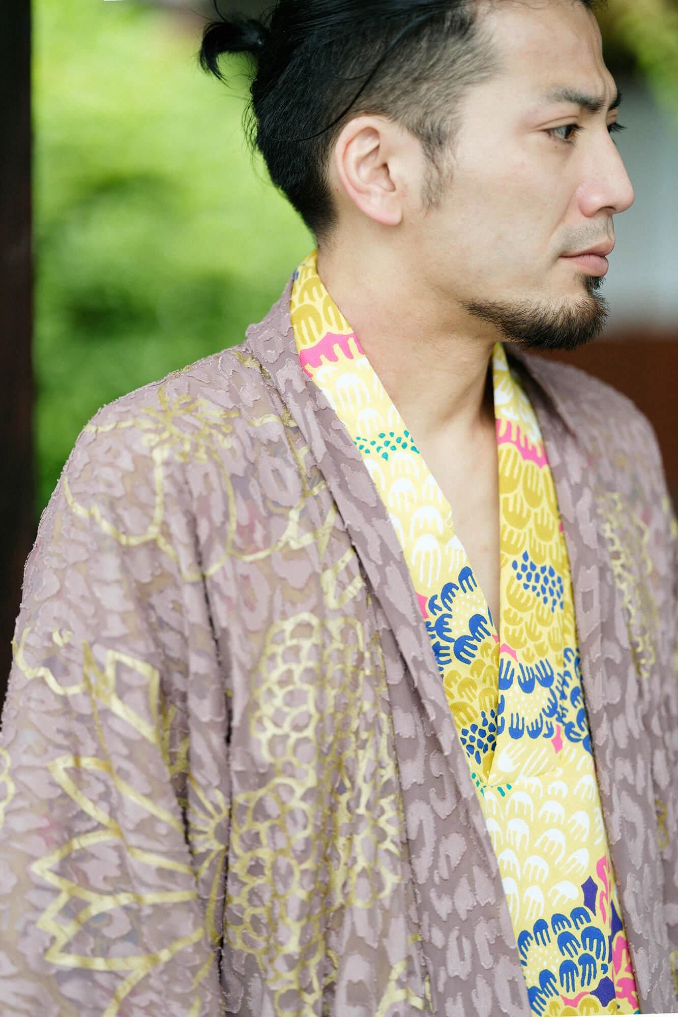 Cut Jacquard Hanten Long-sleeved Jacket Mid-length Single Layer / Gold Damask Greyish Brown