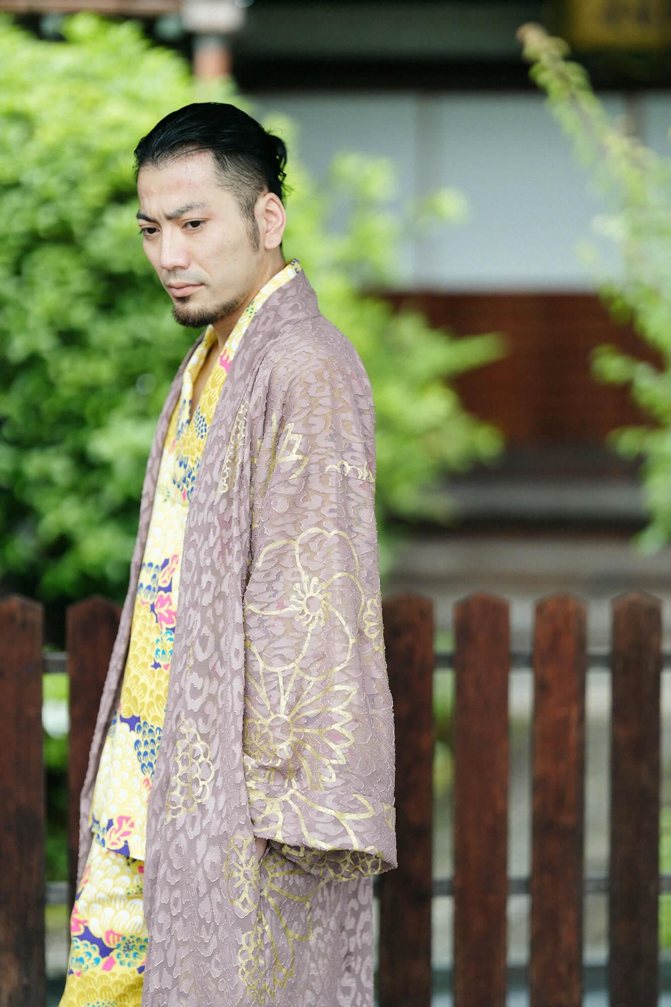 Cut Jacquard Hanten Long-sleeved Jacket Mid-length Single Layer / Gold Damask Greyish Brown