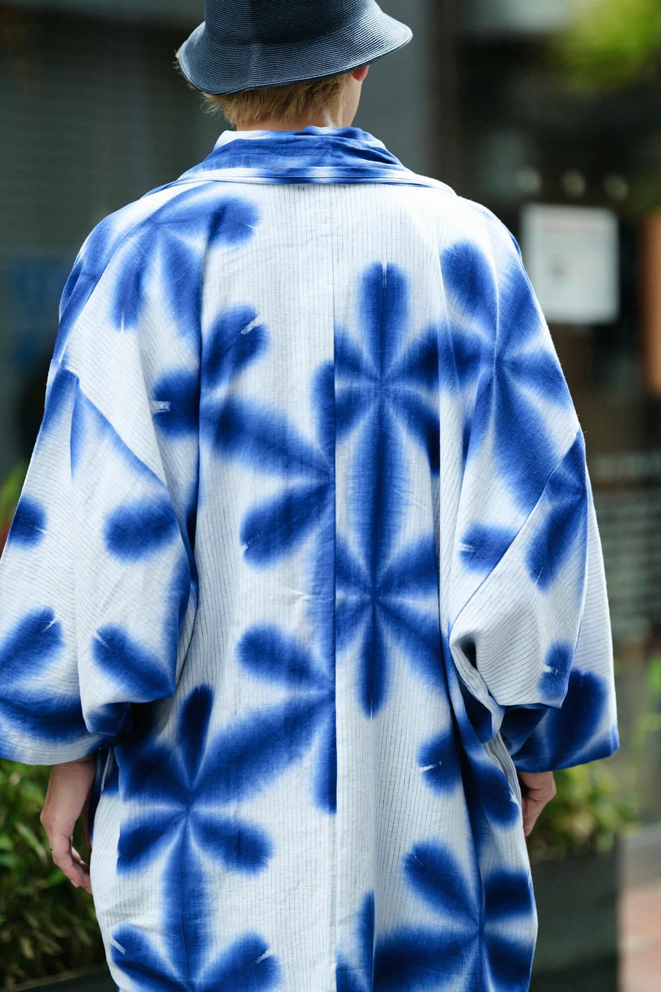 Hirondelle, coton et lin, manches mojiri, vêtements courts, fleur simple / neige, bleu foncé