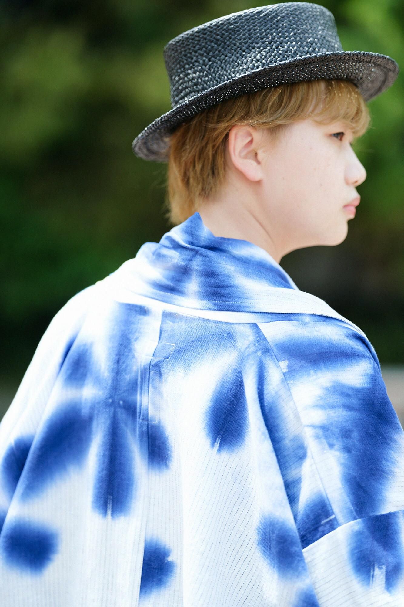 Hirondelle, coton et lin, manches mojiri, vêtements courts, fleur simple / neige, bleu foncé