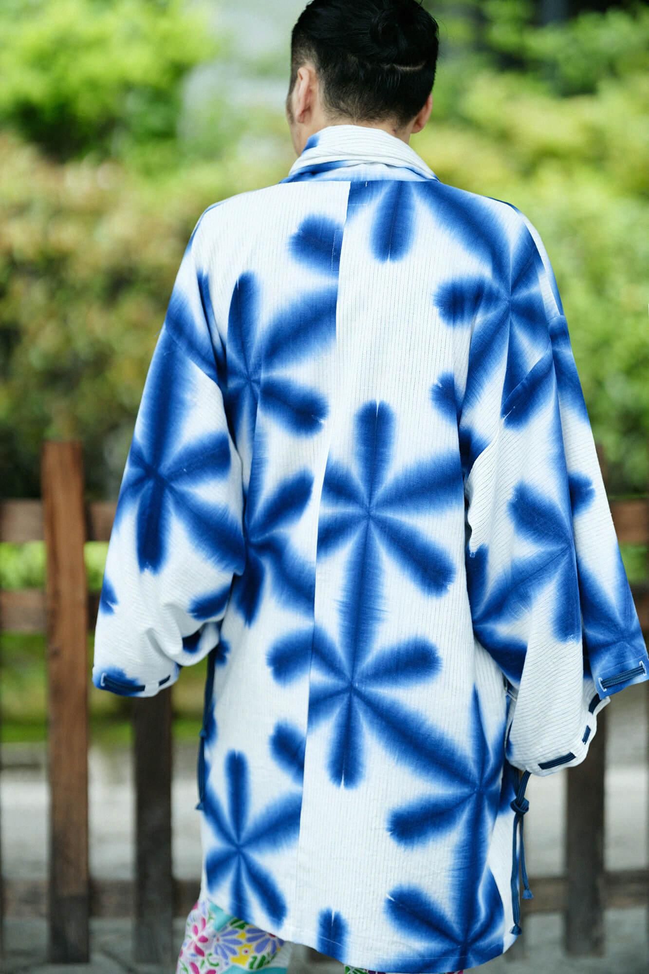 たばた絞り 綿麻 宮中袖(きゅうちゅうそで) 間(けん)単(ひとえ)/雪花(せっか) 濃紺(のうこん)